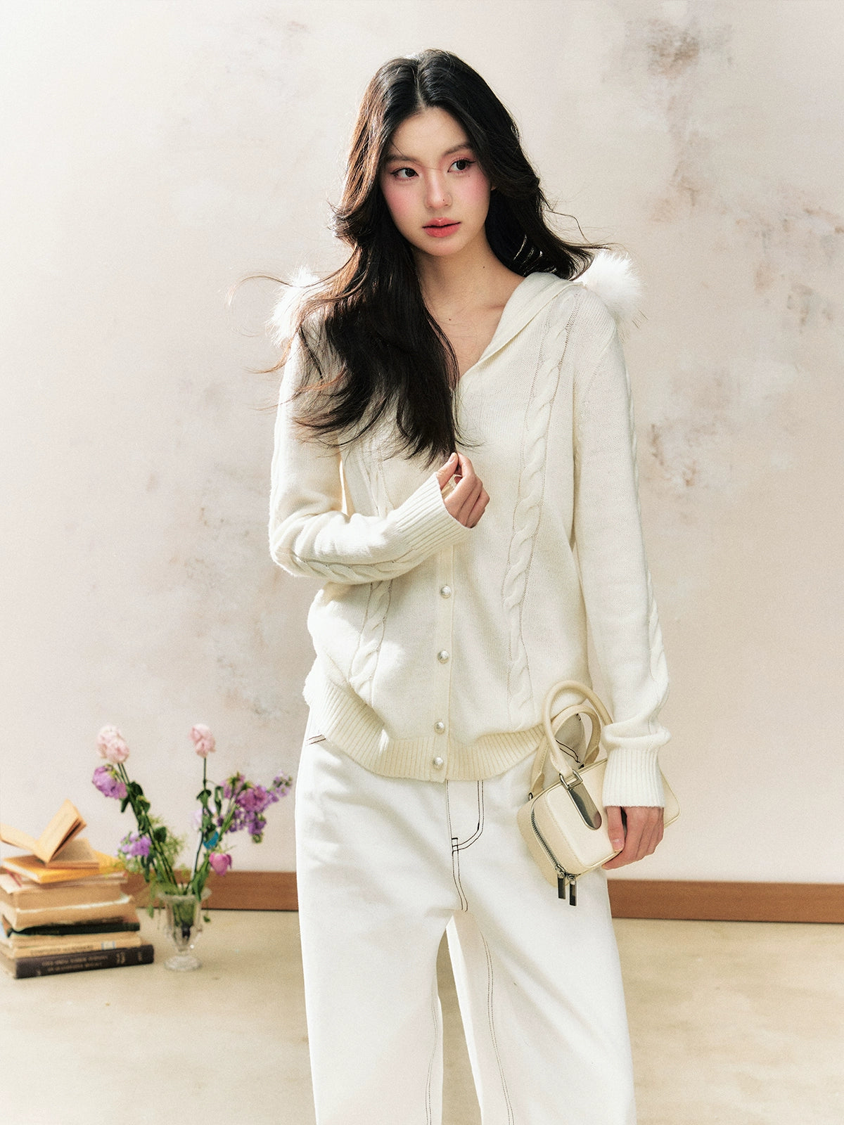 White Hooded Sweater Inner Fitted Knit Cardigan - CHINASQUAD