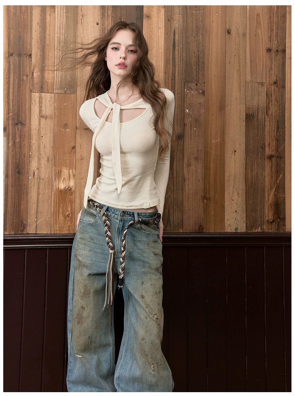 Tie-Detail U-Neck Long Sleeve Knit Blouse - CHINASQUAD