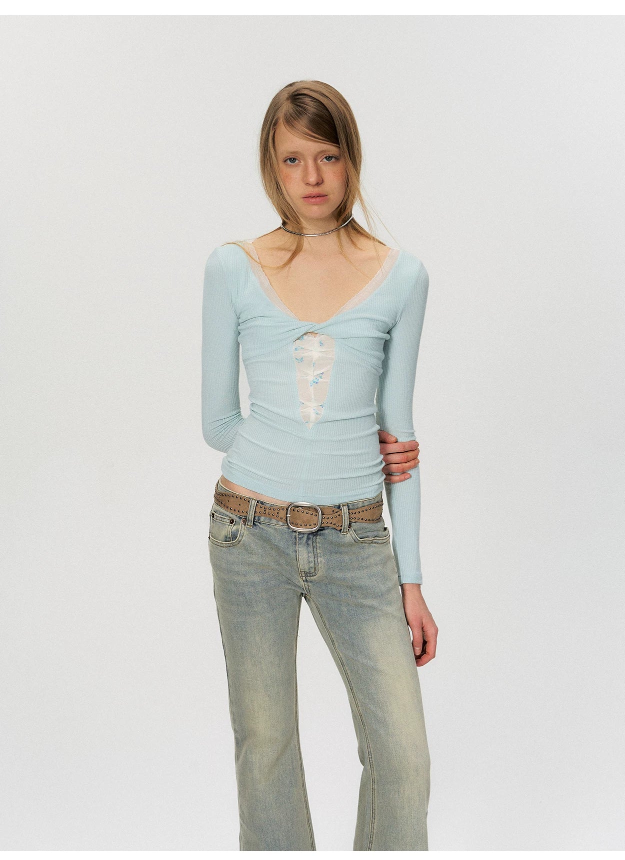 Twist-Front Mesh Panel Slim Fit Long Sleeve Top