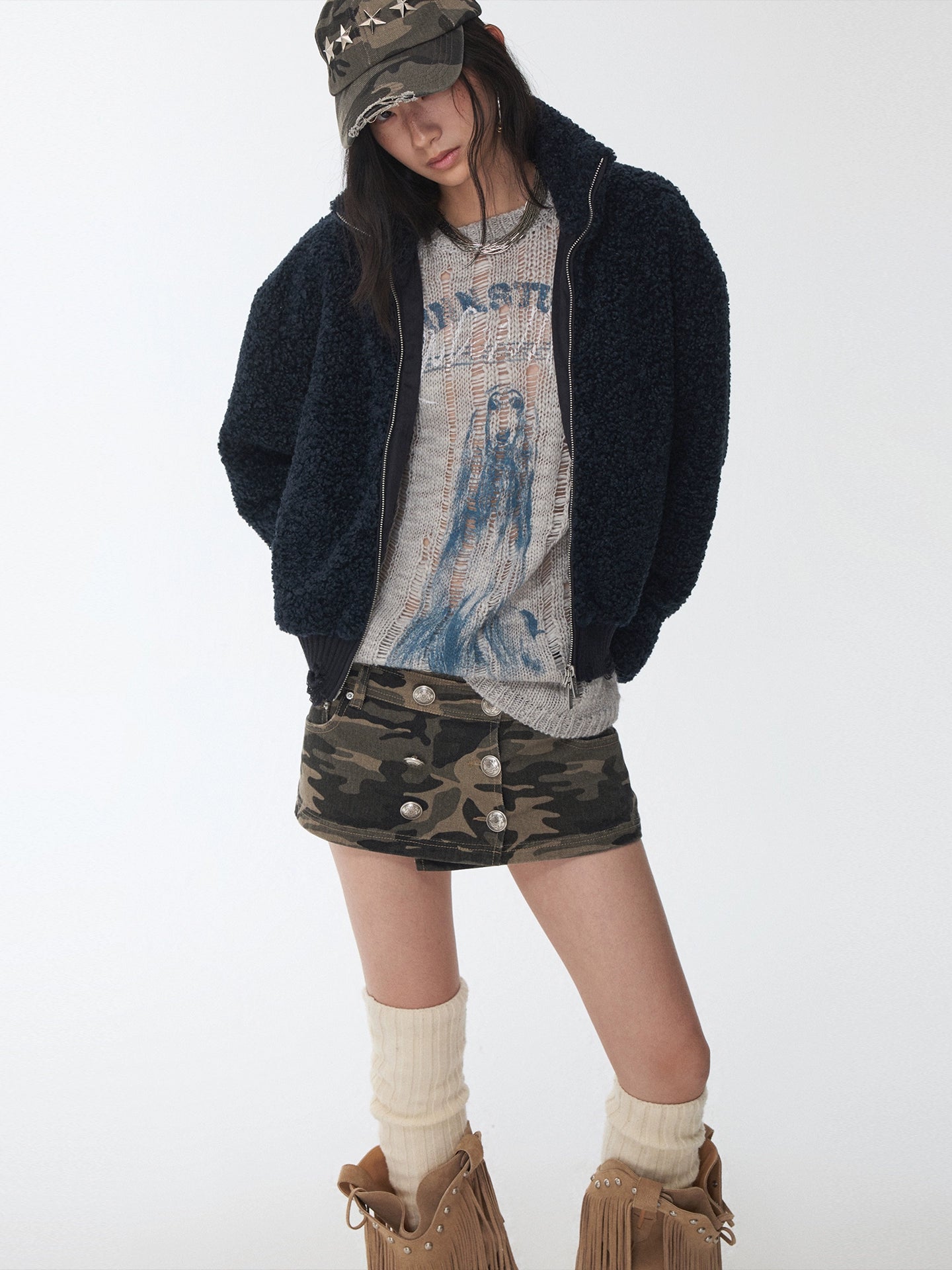 Distressed Fleece Zip-Up Cropped Jacket