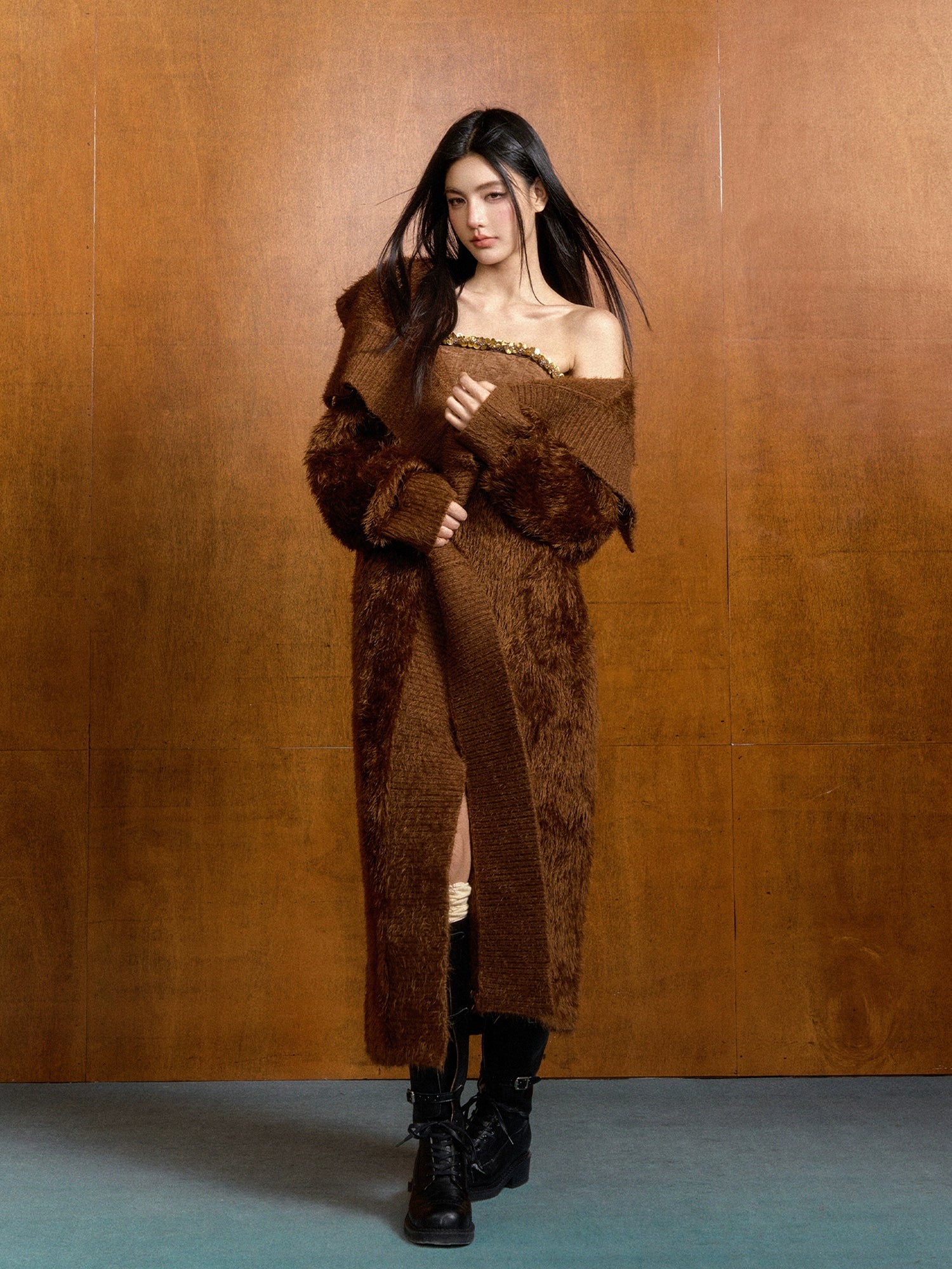 Feather Yarn Long Knit Cardigan & Sweater Set - CHINASQUAD