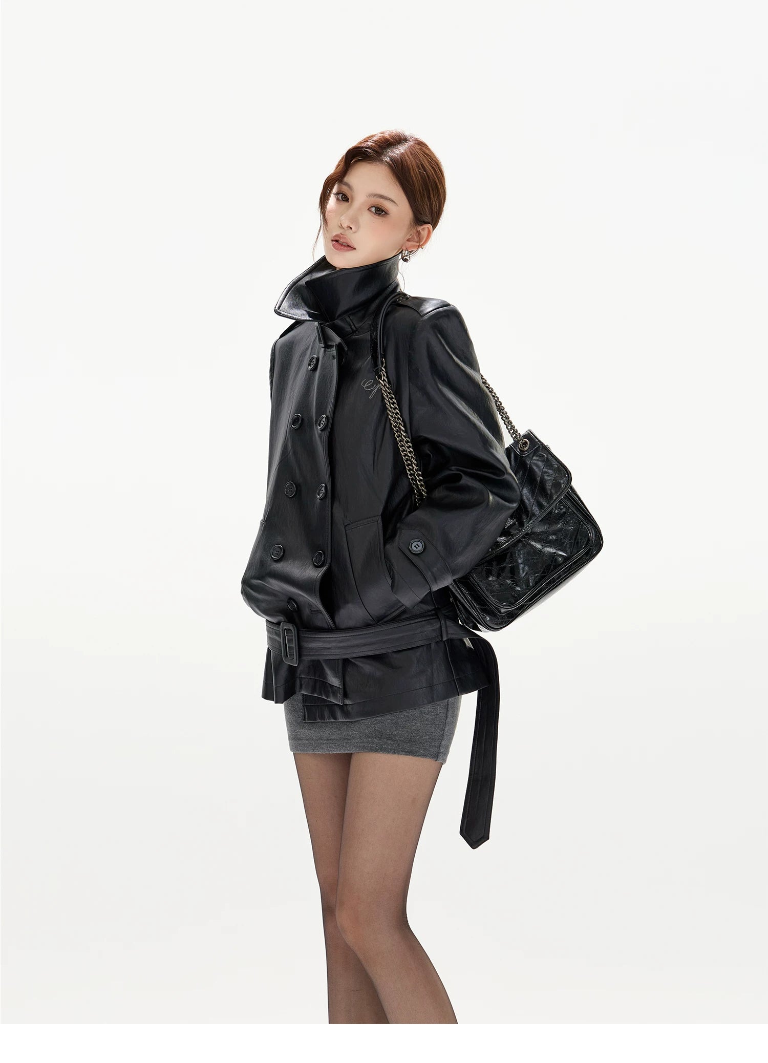 Double-Breasted Belted Faux Leather Jacket