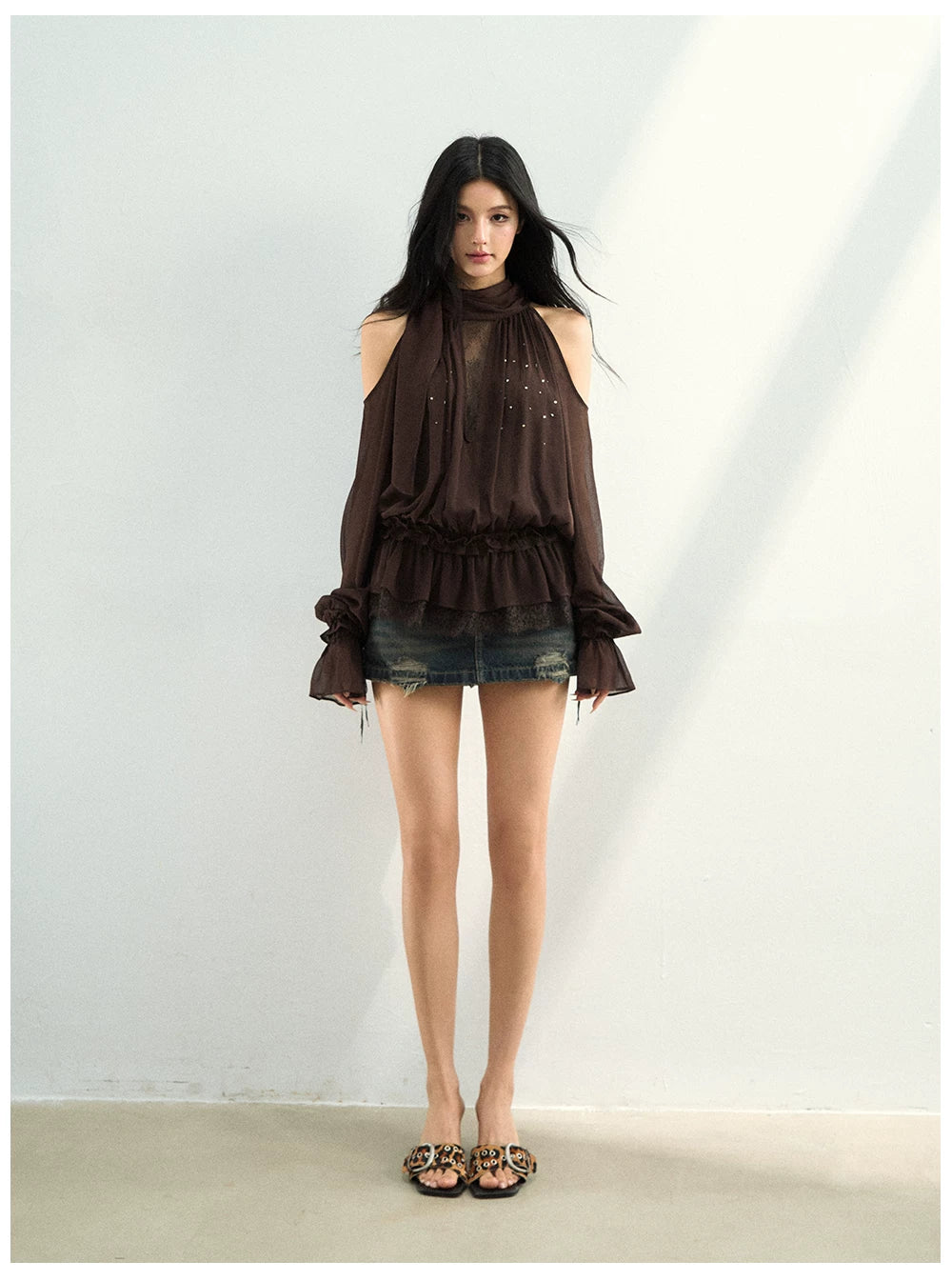 Rhinestone Sheer Chiffon Blouse