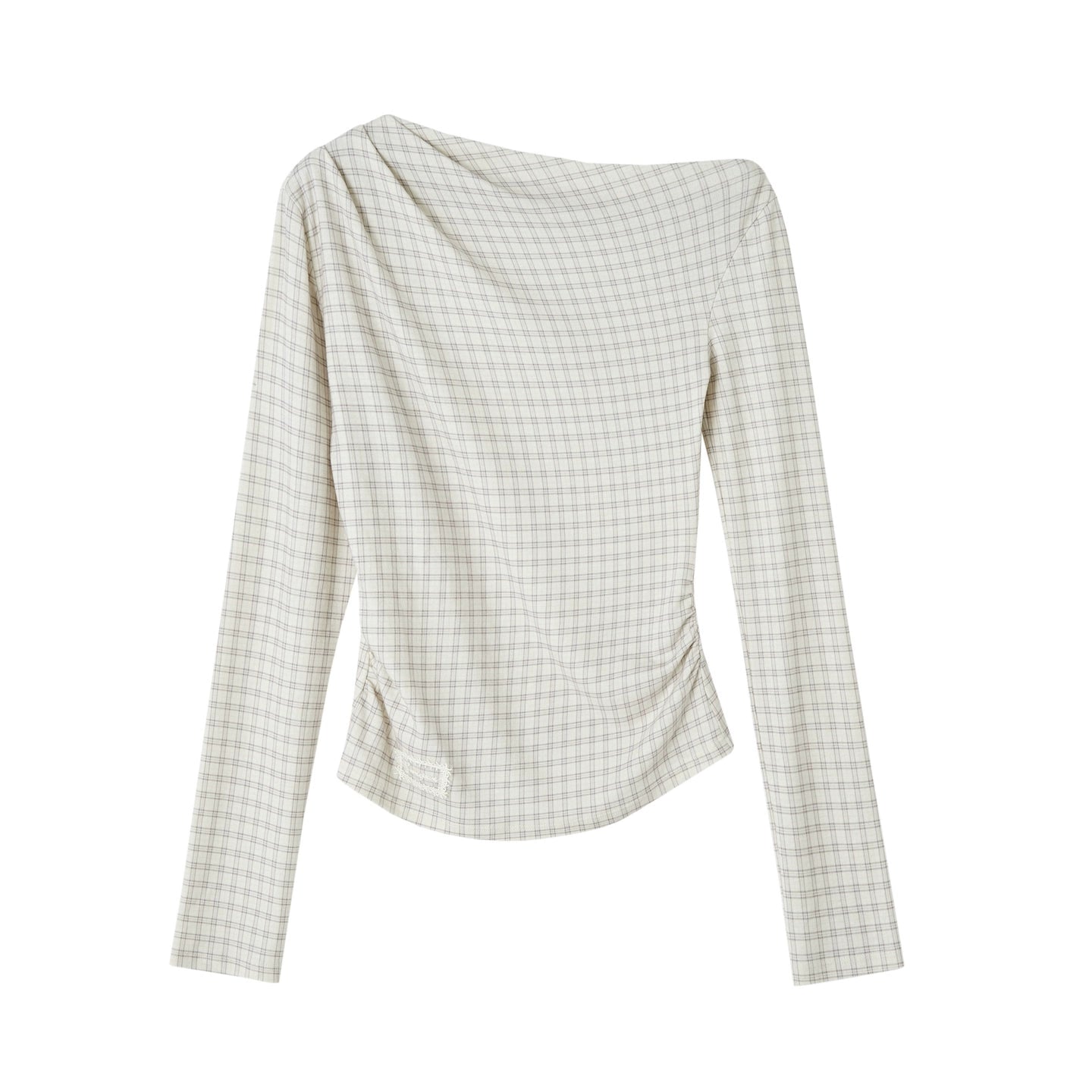 Velvet-Touch Plaid Draped Off-Shoulder Long Sleeve T-Shirts - CHINASQUAD