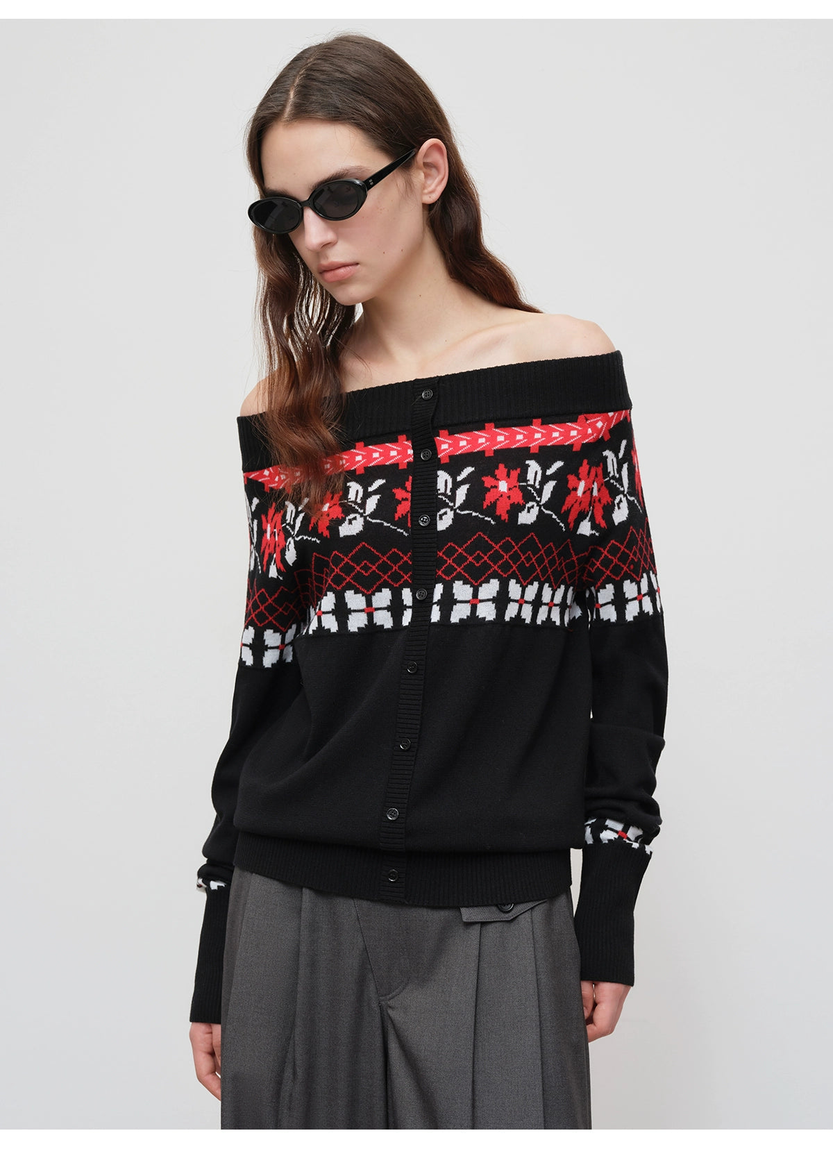 Air Isle Off-Shoulder Wool Knit Sweater - CHINASQUAD