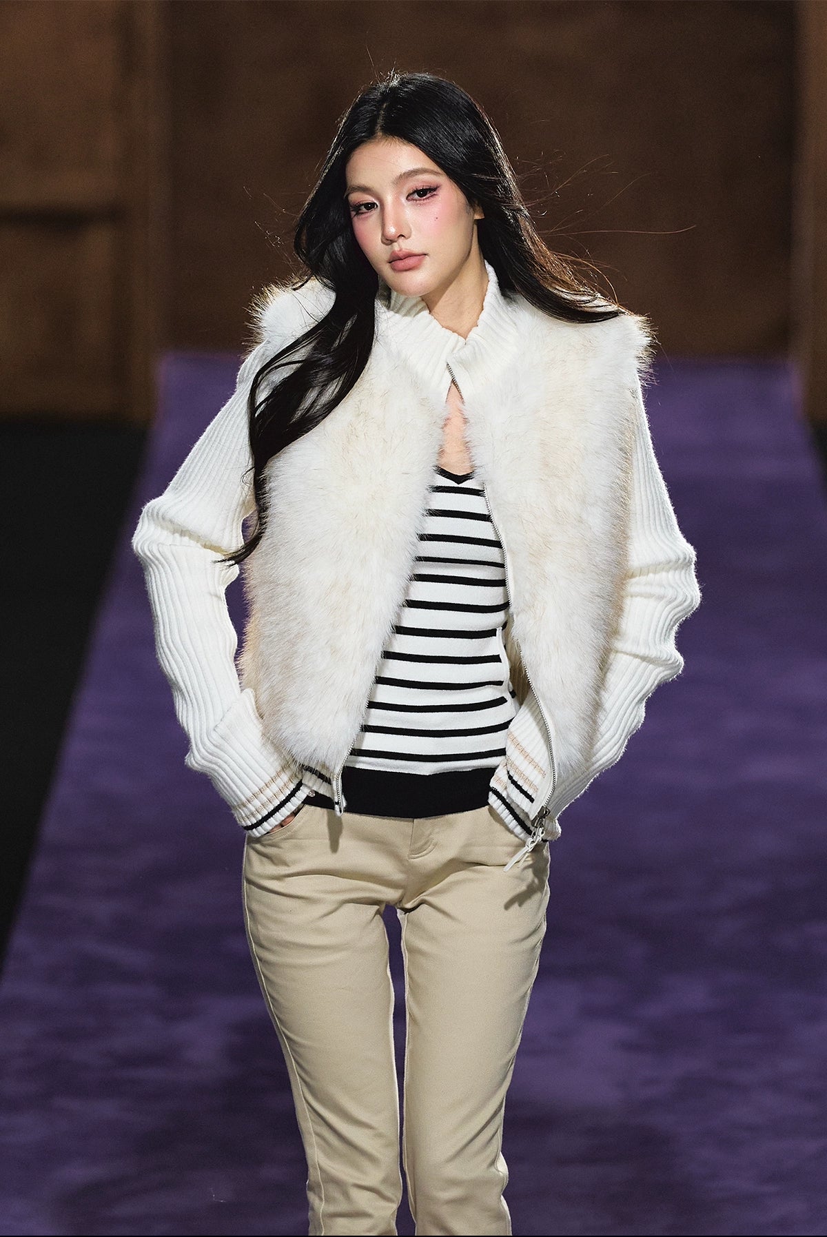 Faux Fur Knit-Panel Two-in-One Cardigan