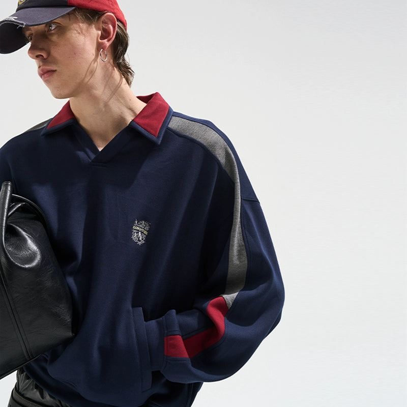 Contrast Panel Embroidered Polo Sweatshirt - CHINASQUAD