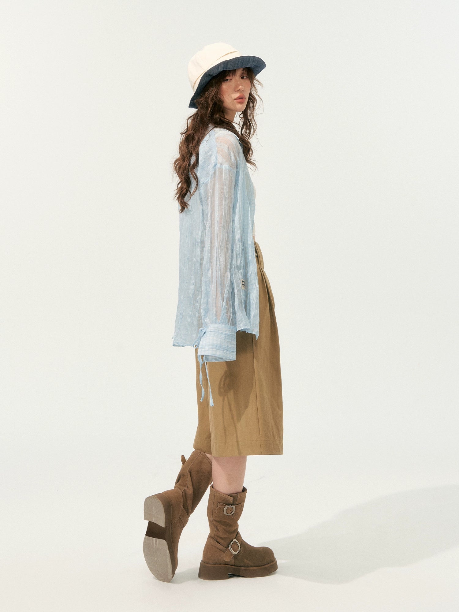 Blue Loose Fit Pleated Sheer Shirt - CHINASQUAD