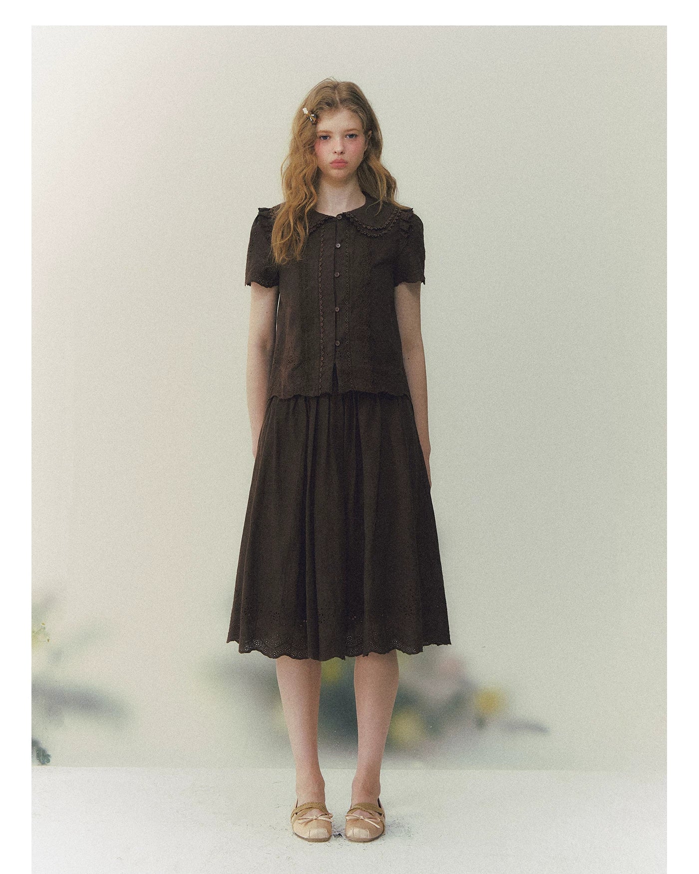 Peter Pan Collar Shirt & Midi Skirt Set