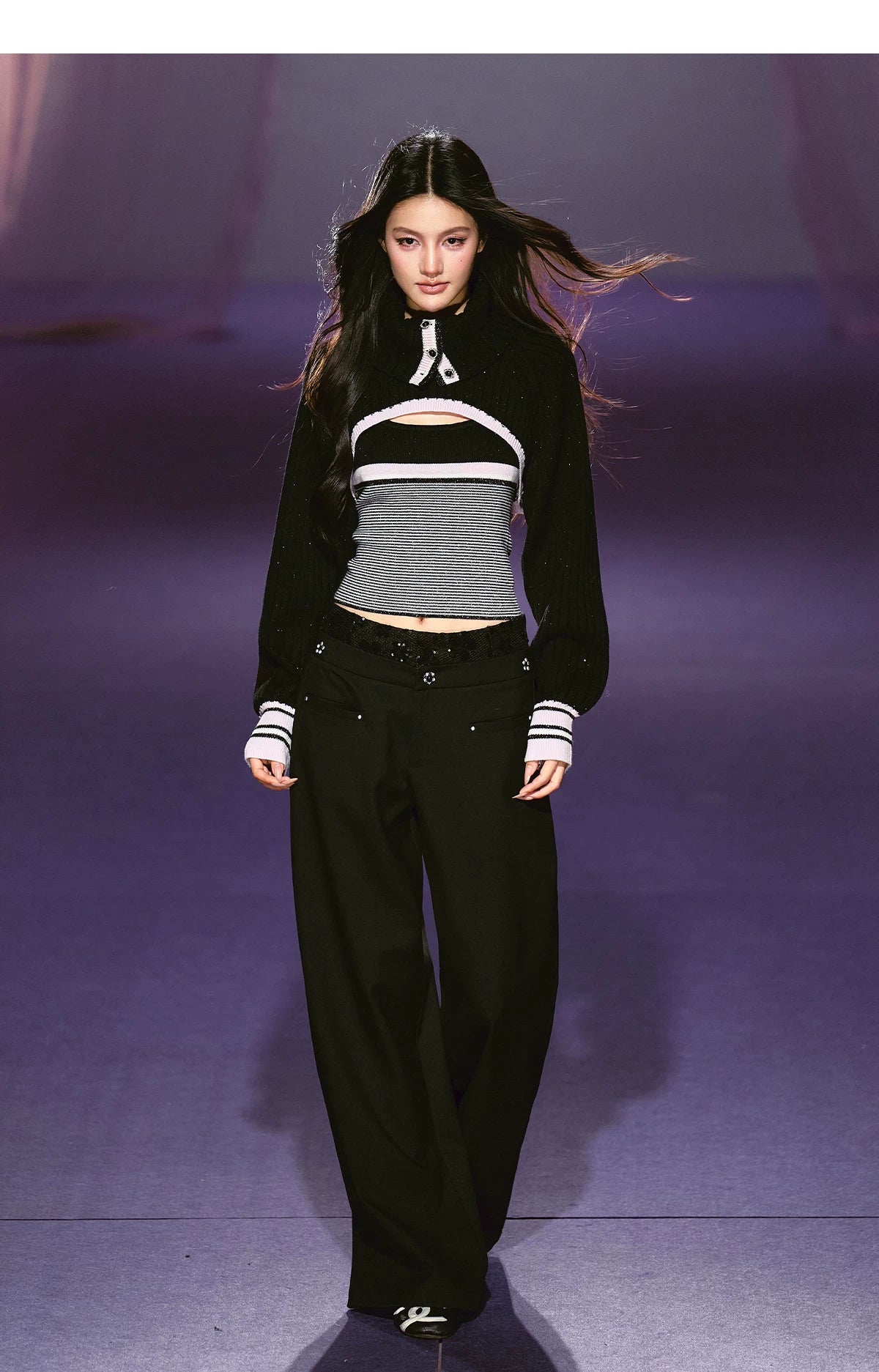 Contrast Turtleneck Layered Vest & Striped Camisole Set