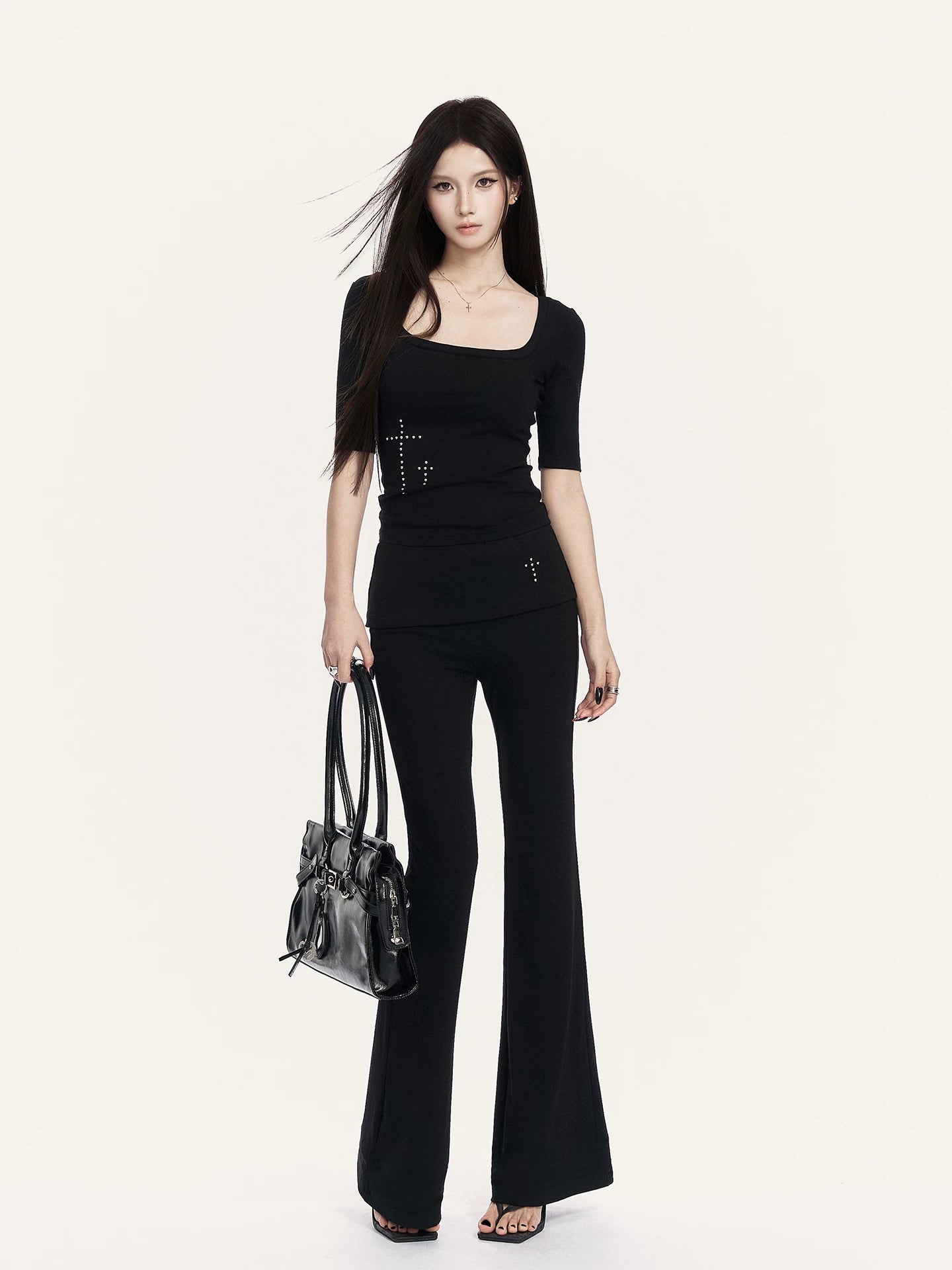 Square Neck Cropped Tee & Flare Pants Set