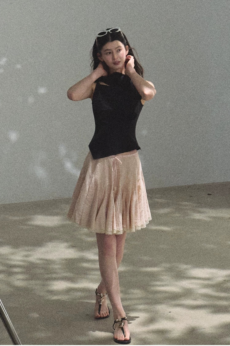 Lyocell Linen A-Line Lace-Trim Mini Skirt