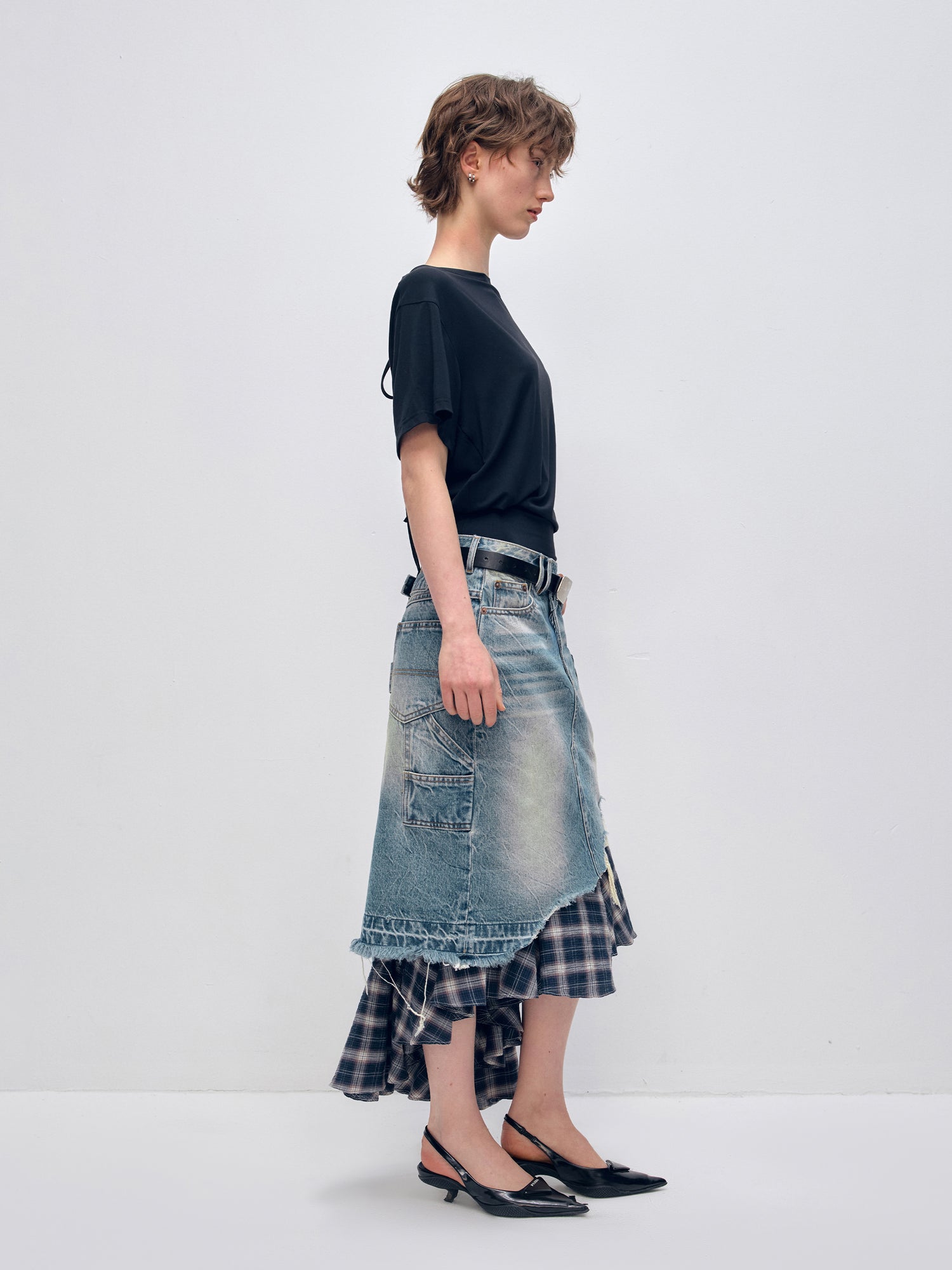 Irregular Denim Patchwork Plaid Fish Tail Skirt - CHINASQUAD