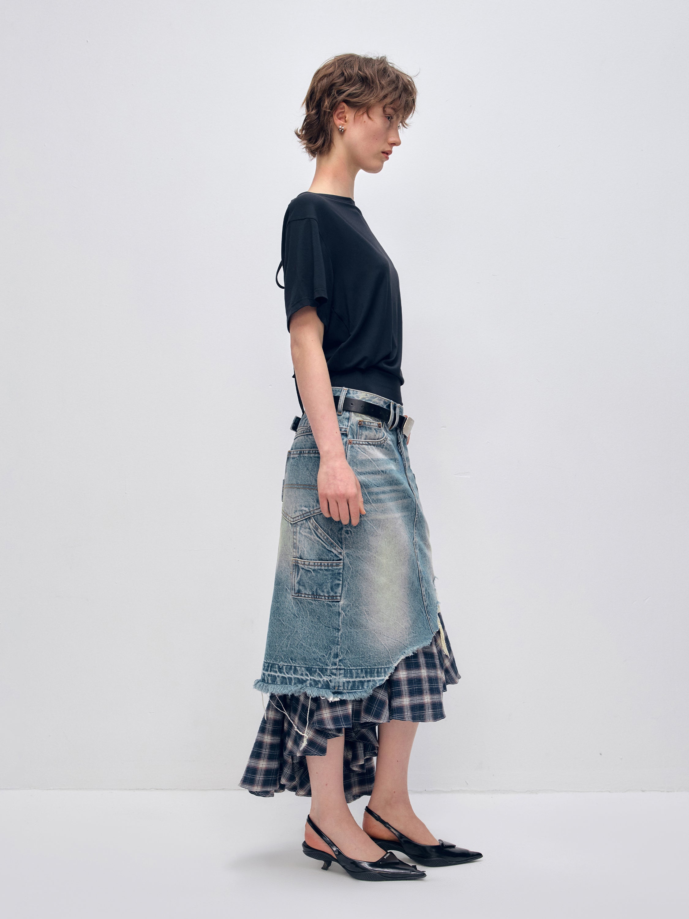 Irregular Denim Patchwork Plaid Fish Tail Skirt - CHINASQUAD