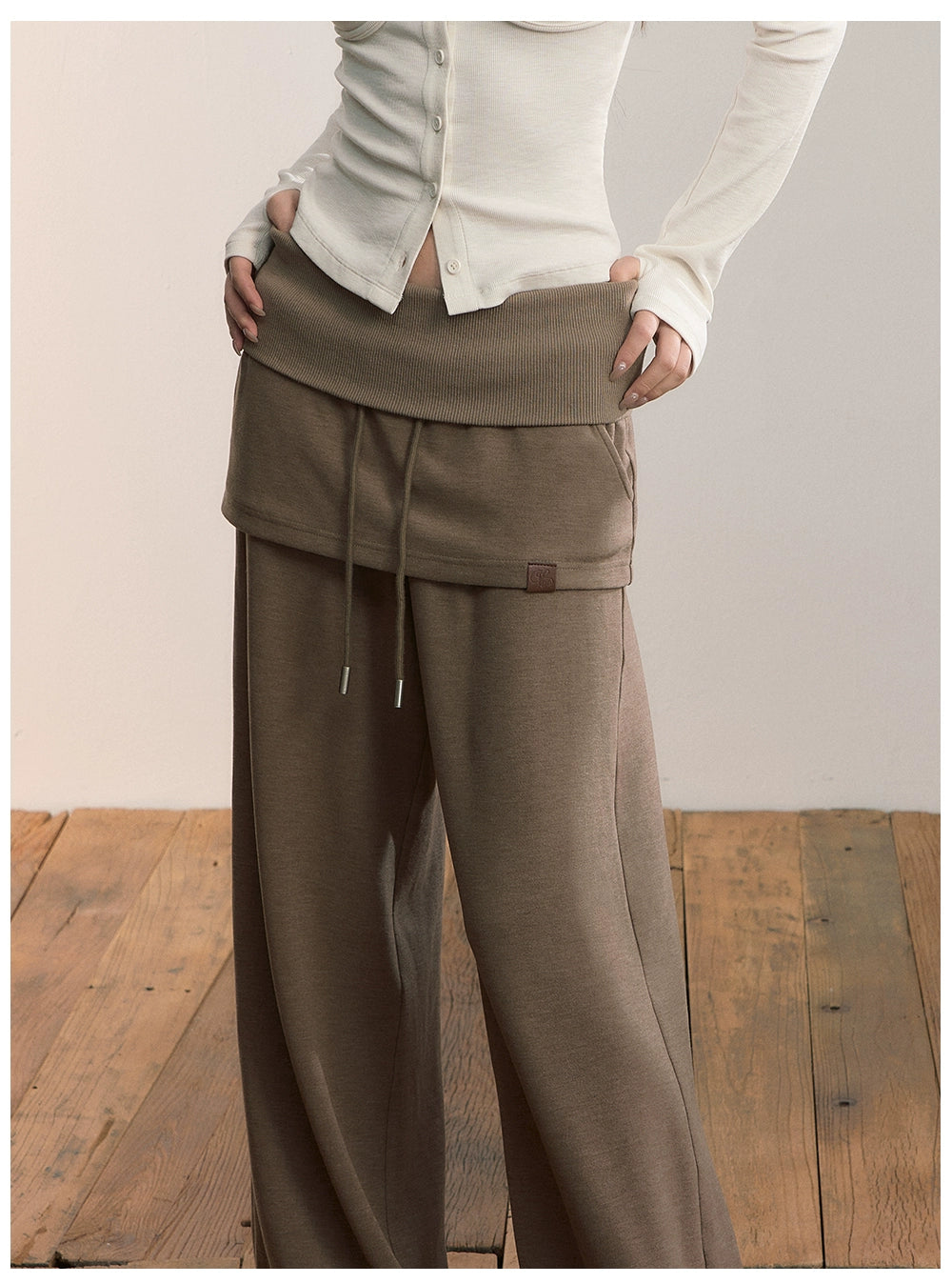 Folded Waist Skirt-Hem Wide-Leg Sweatpants - CHINASQUAD