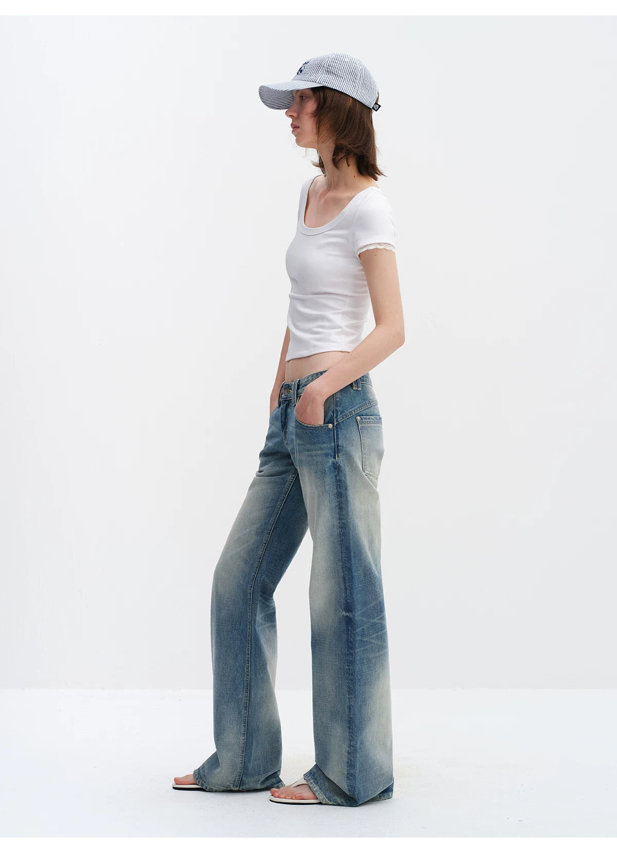 Vintage Washed Low-Rise Flared Denim Jeans