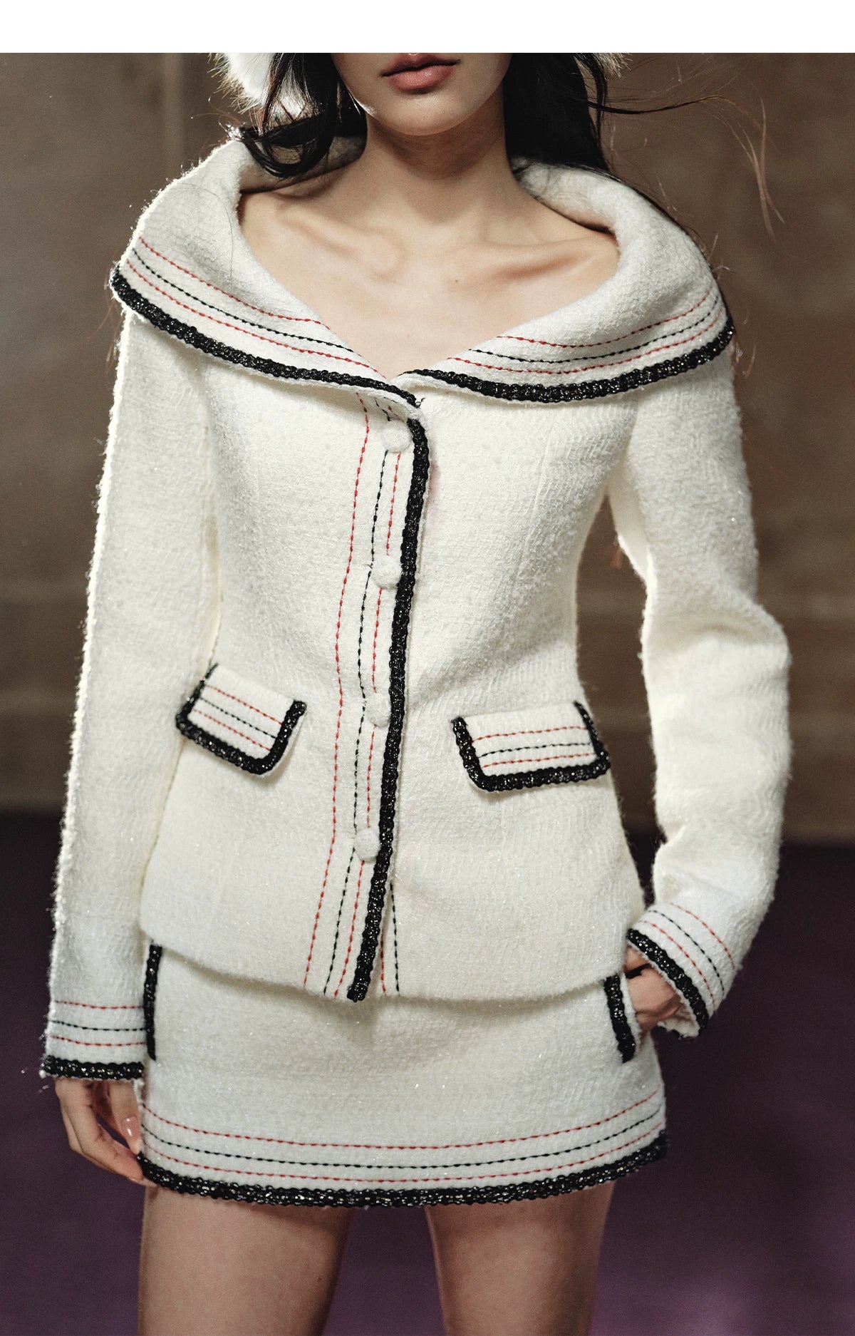 Oversized-Collar Jacket & A-Line Mini Skirt Set