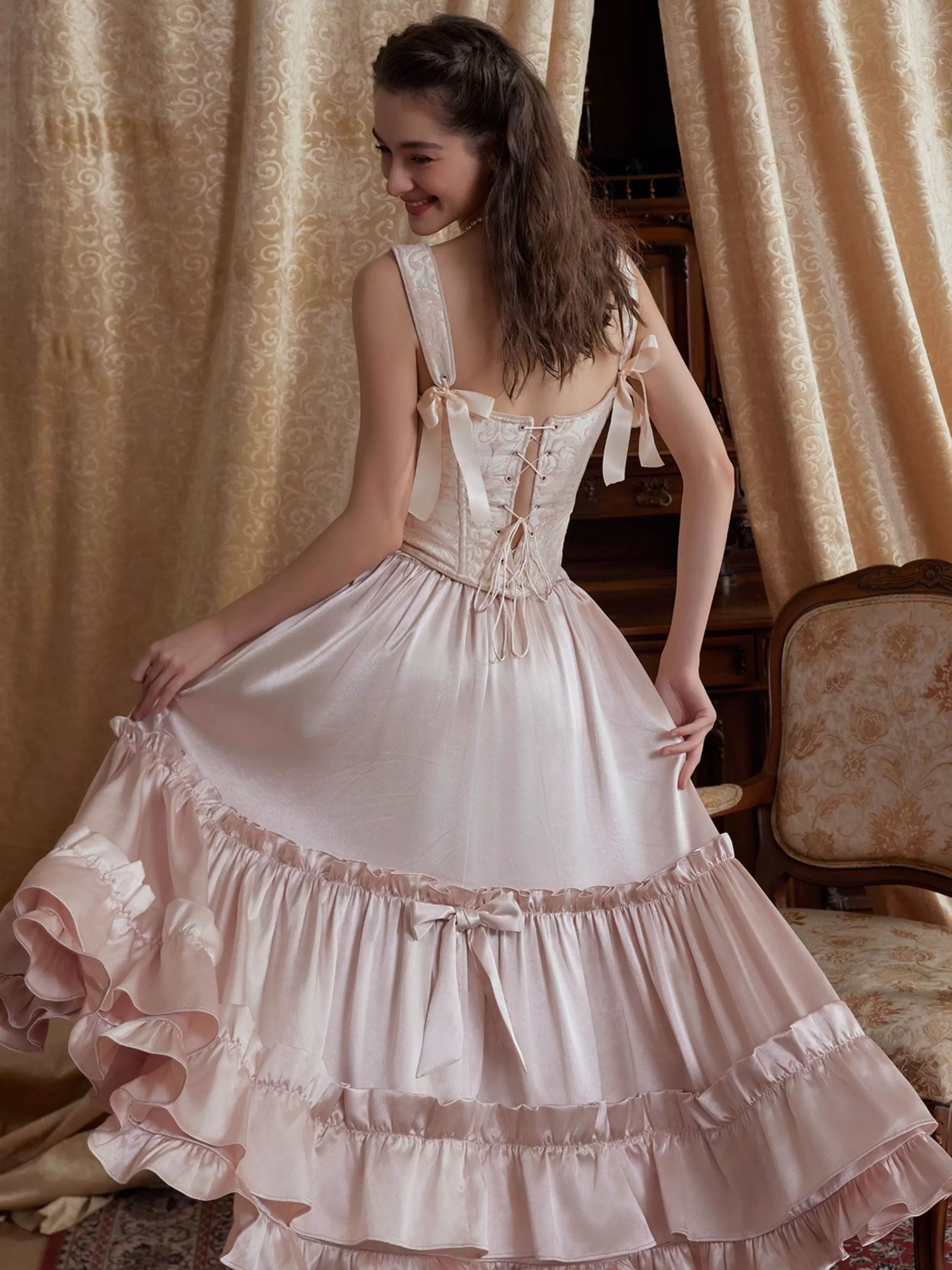 Jacquard Corset Top & Satin Ruffle Skirt Set