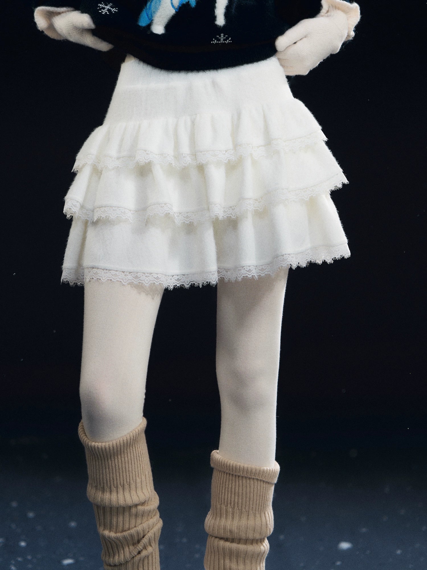 Lace-Panel Velvety Tiered Skirt