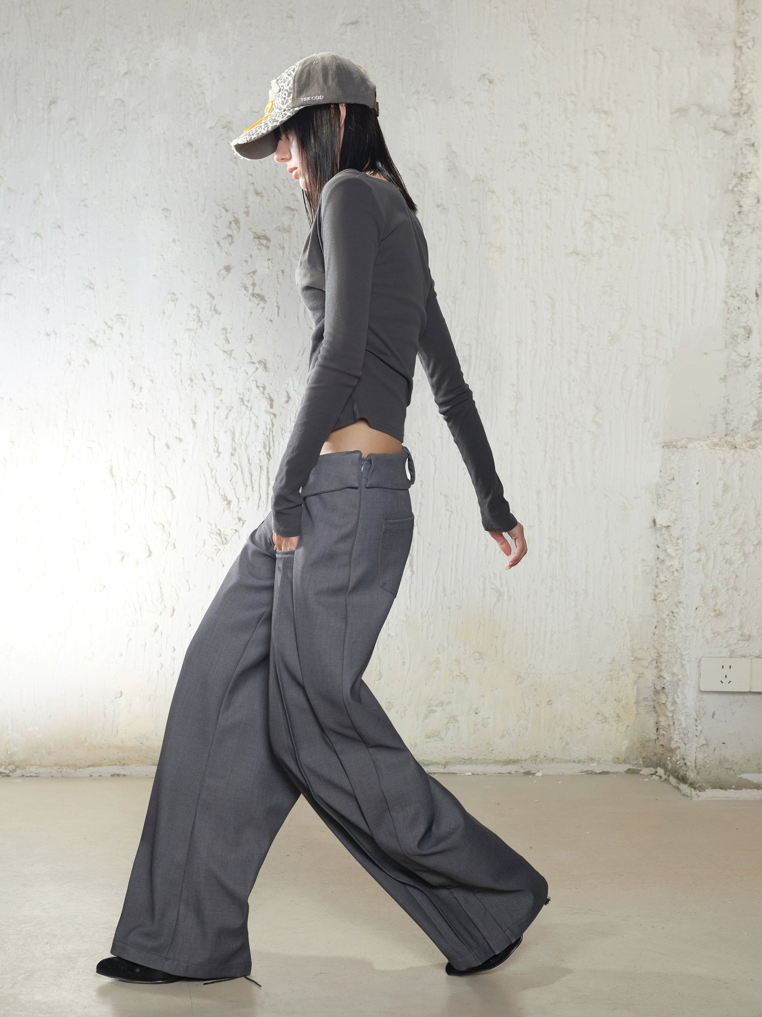 Irregular Folded-Waist Wide-Leg Trousers