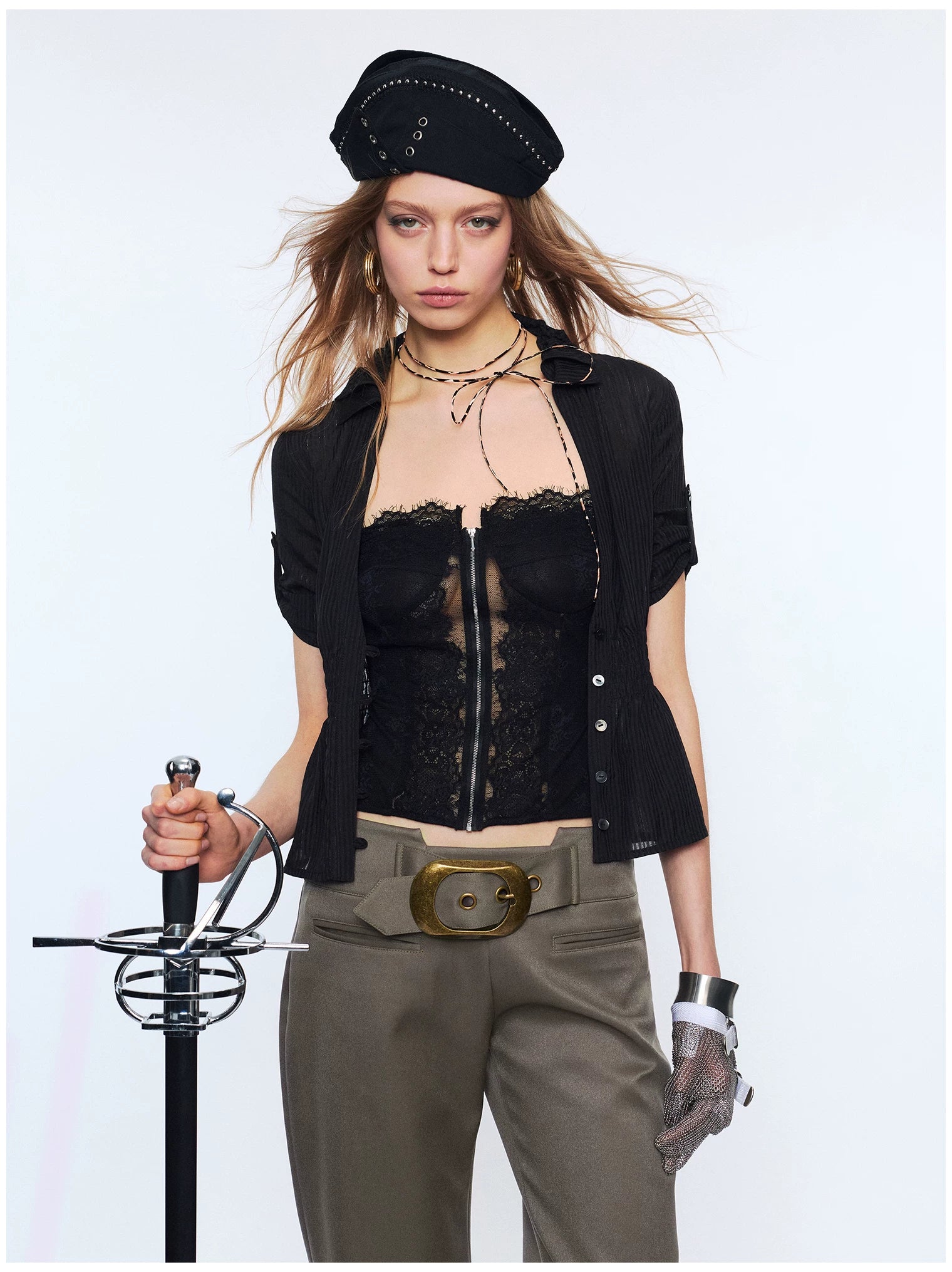 Contrast Lace Panel Two-Piece Shirt