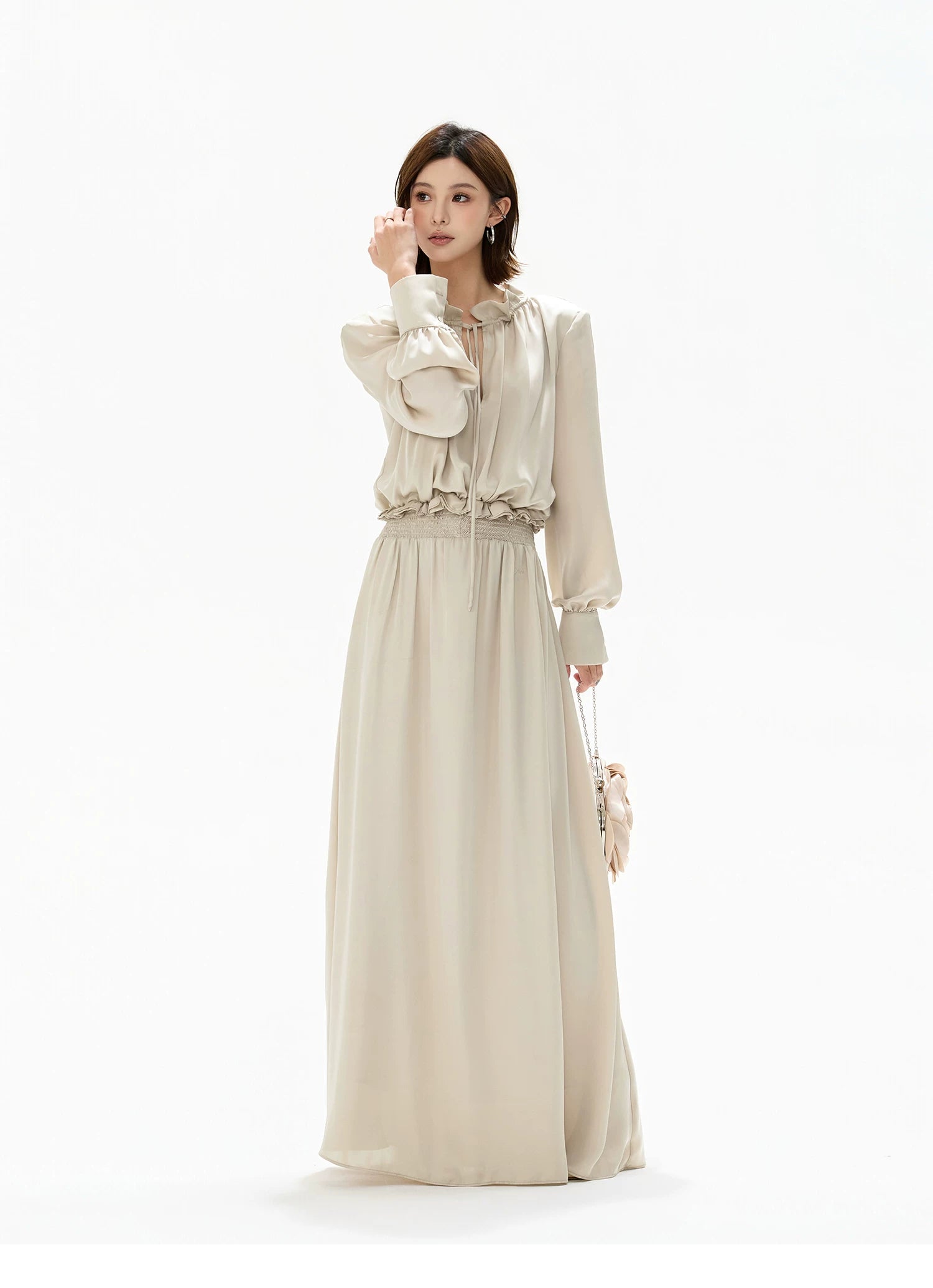 Elegant Ruffled Collar Satin Maxi Dress