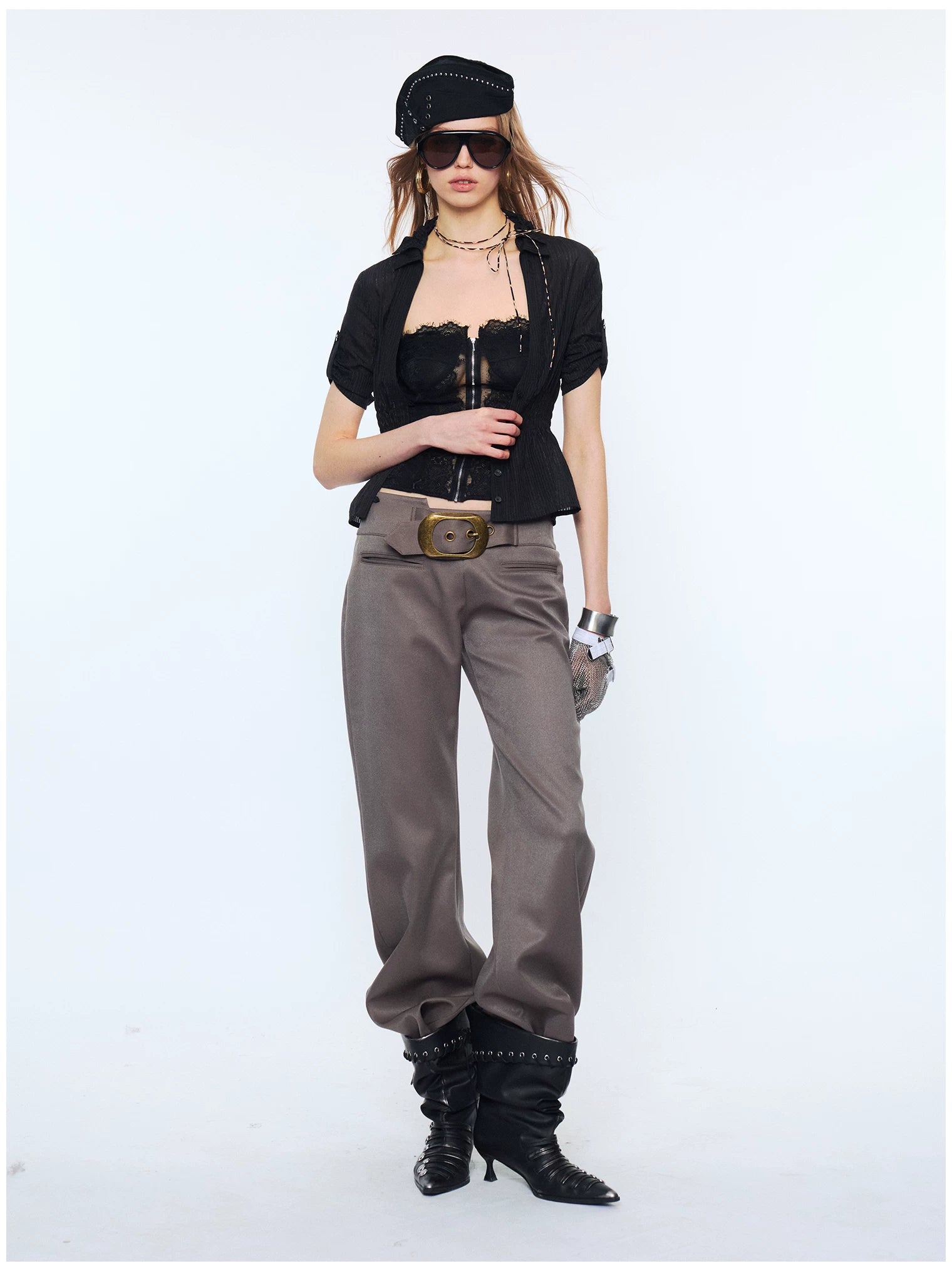 Contrast Lace Panel Two-Piece Shirt