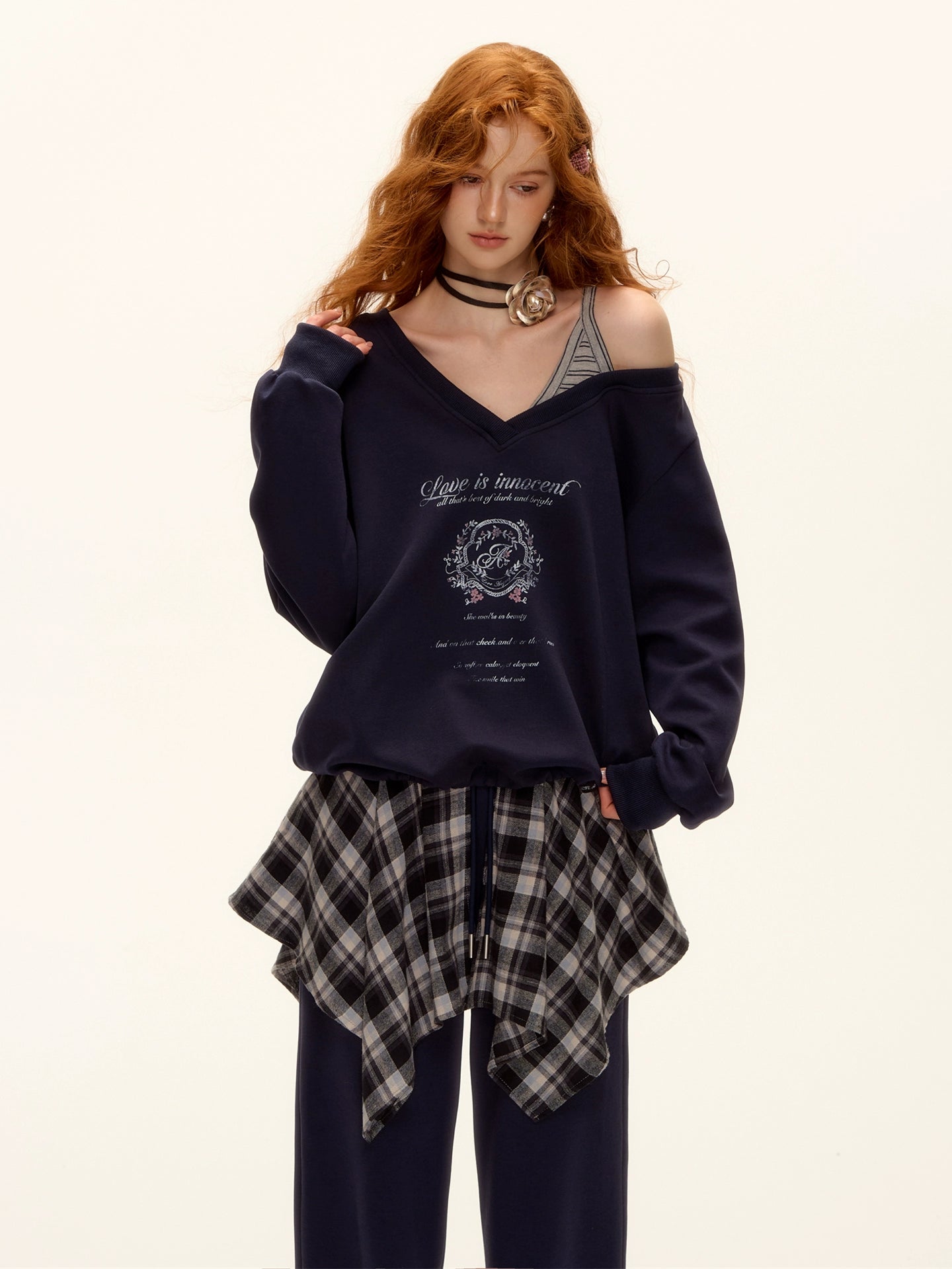 Asymmetric Shoulder Striped Fleece Tracksuit Set