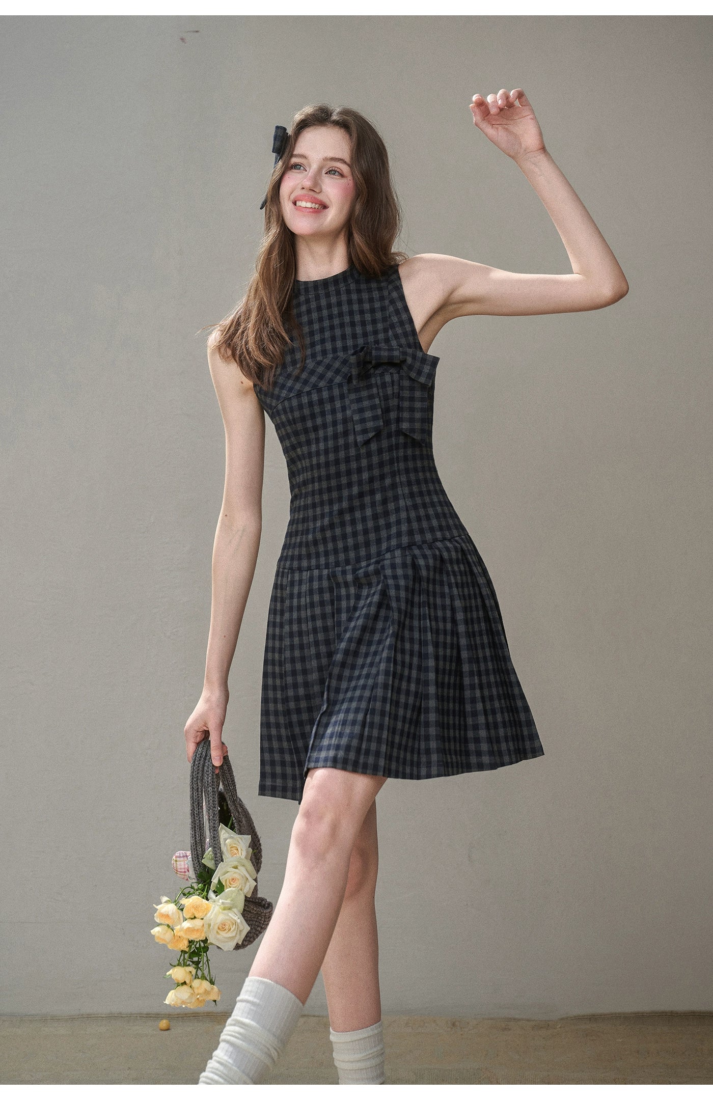 Bow Halter Checked Pleated Dress - CHINASQUAD