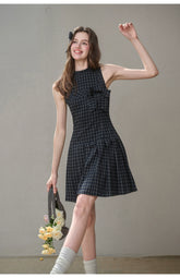 Bow Halter Checked Pleated Dress - CHINASQUAD