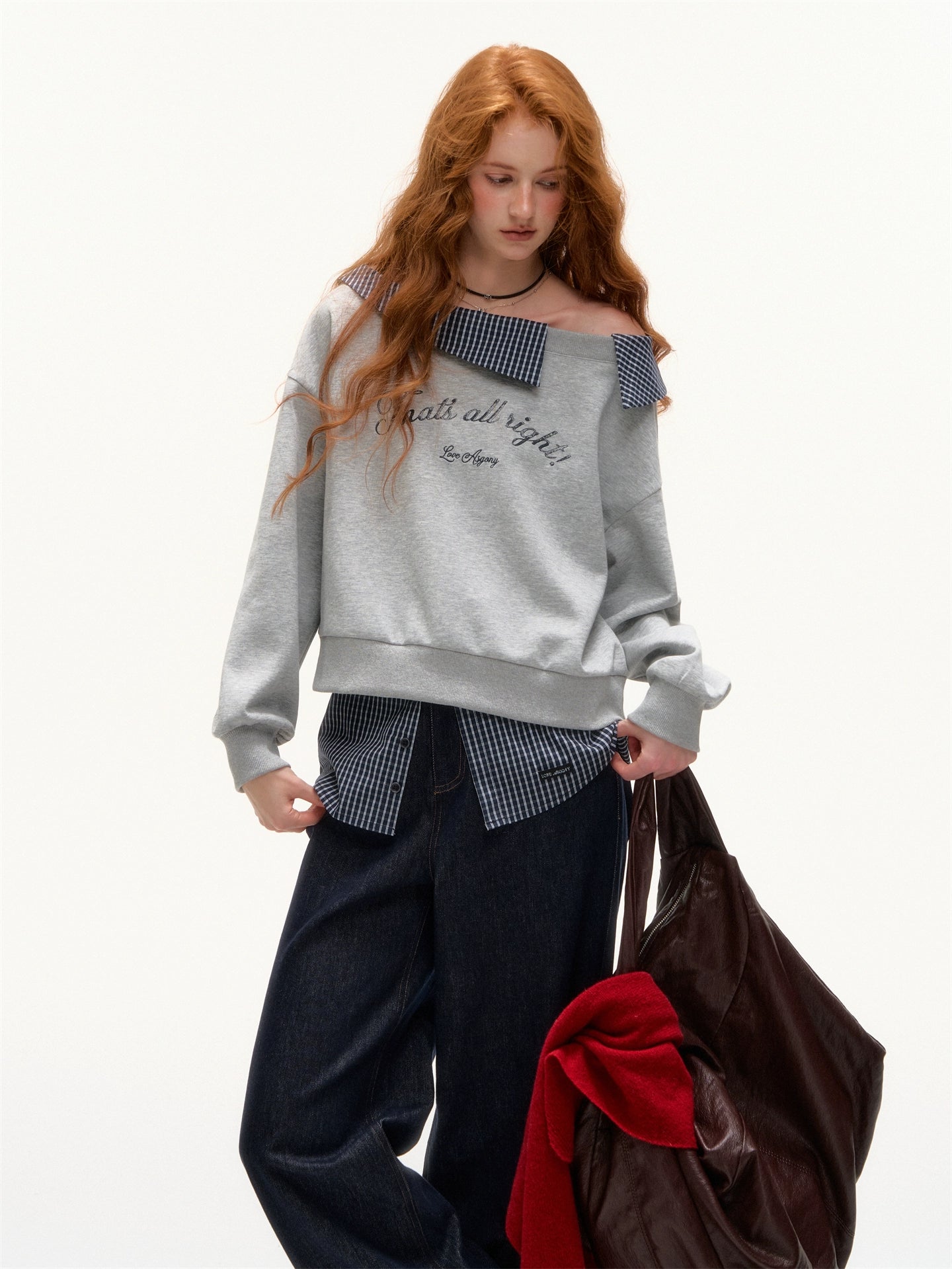 Off-Shoulder Plaid Patchwork Embroidered Sweatshirt - CHINASQUAD