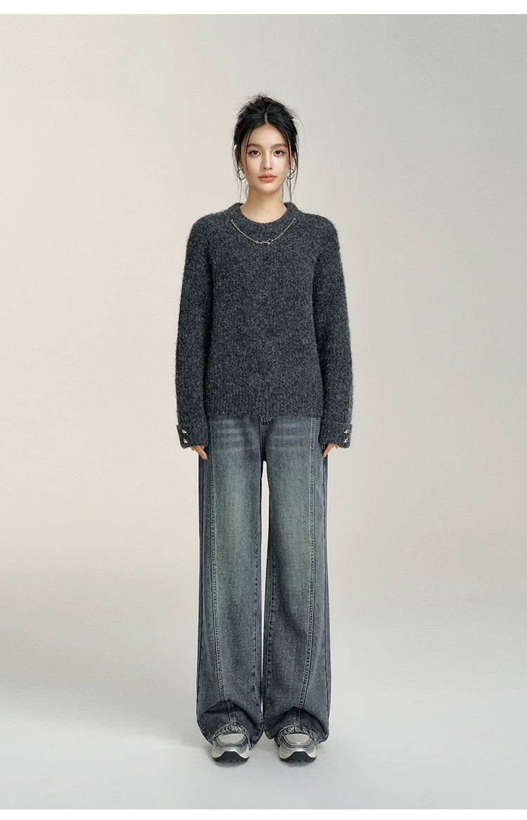 Heart-Patterned Fleece-Lined Wide-Leg Denim Pants