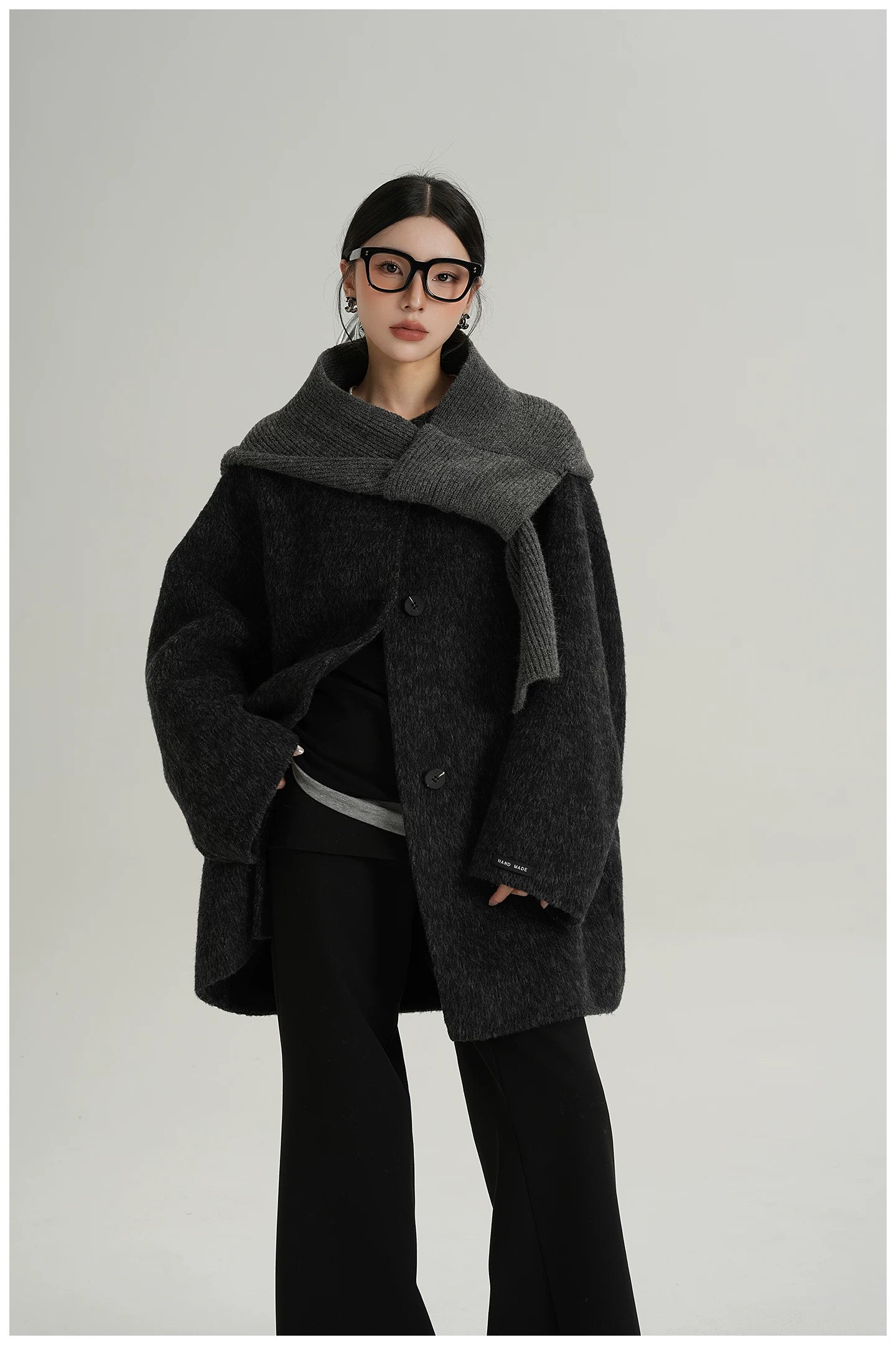 Knitted Hooded Scarf Mid-Length Wool Coat