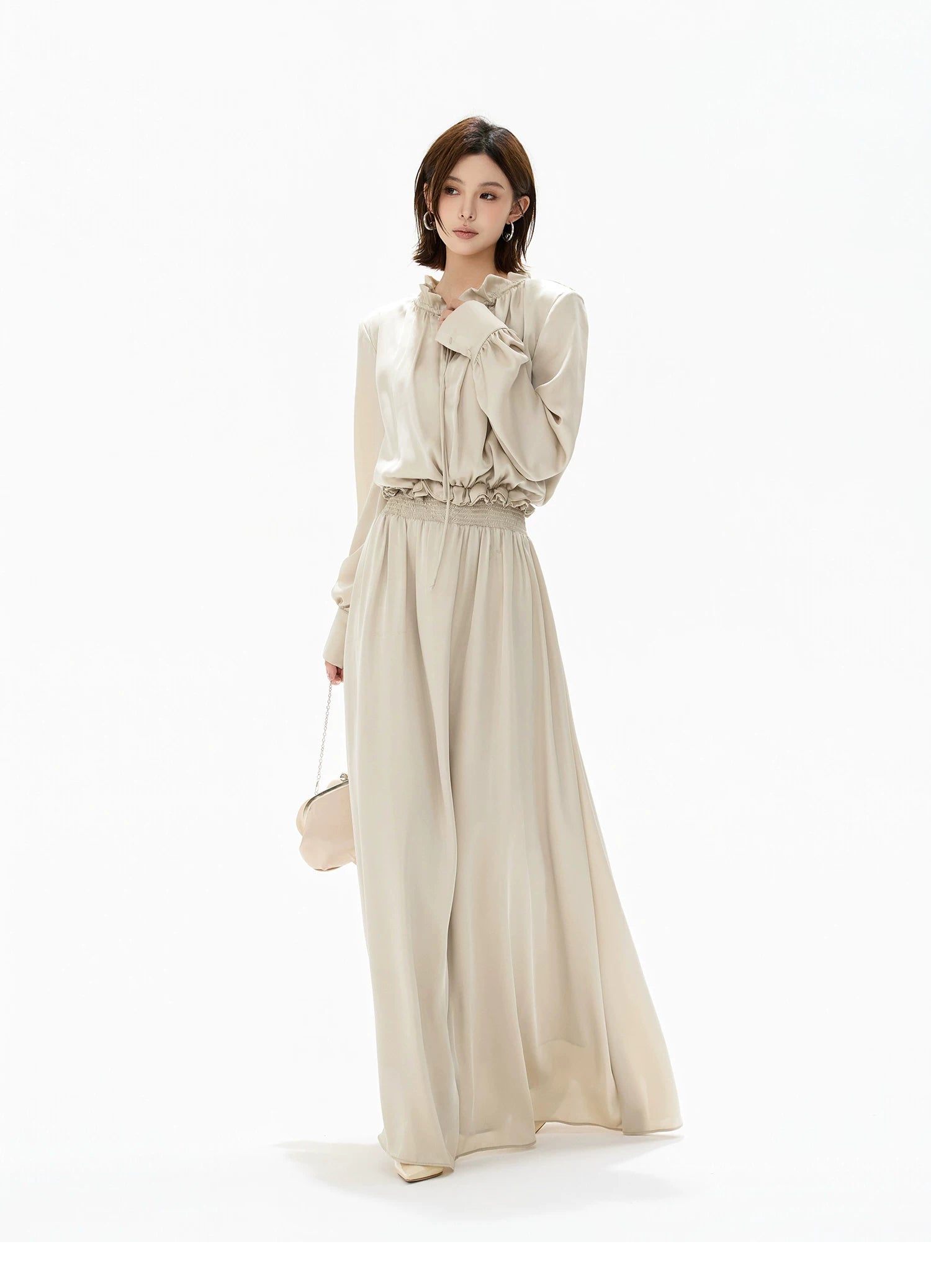 Elegant Ruffled Collar Satin Maxi Dress