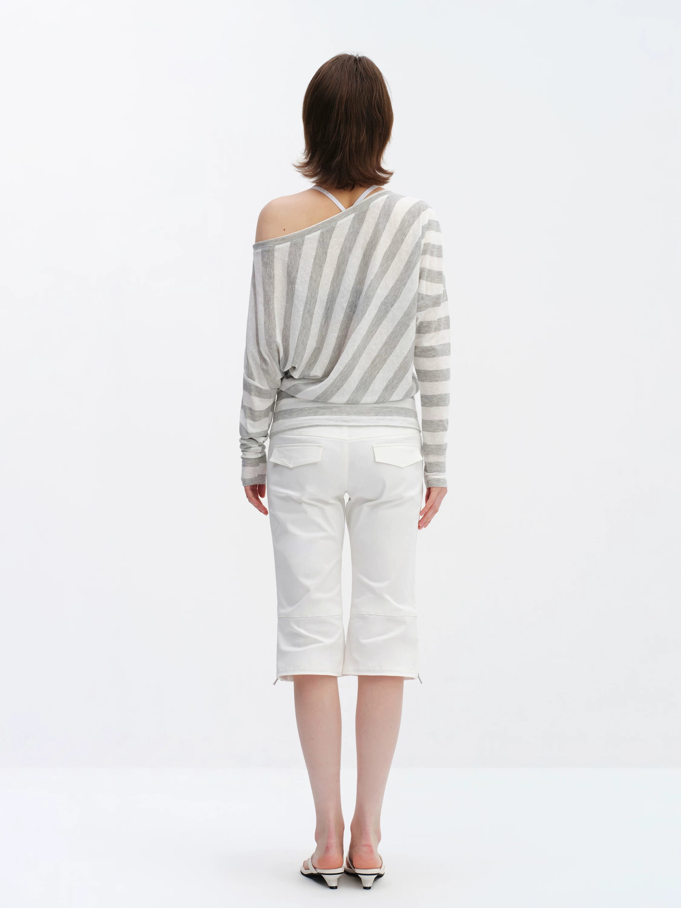 Grey Striped Off-Shoulder Graphic Long Sleeve Blouse