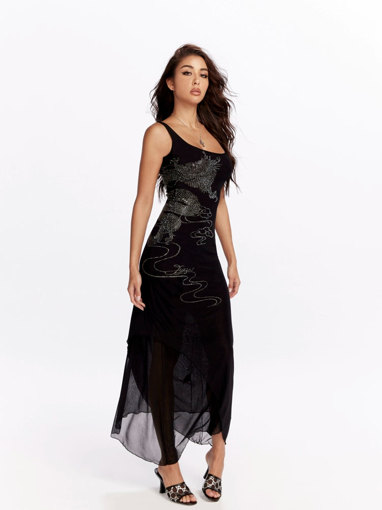 Noir Dragon Crystal Mesh Maxi Dress