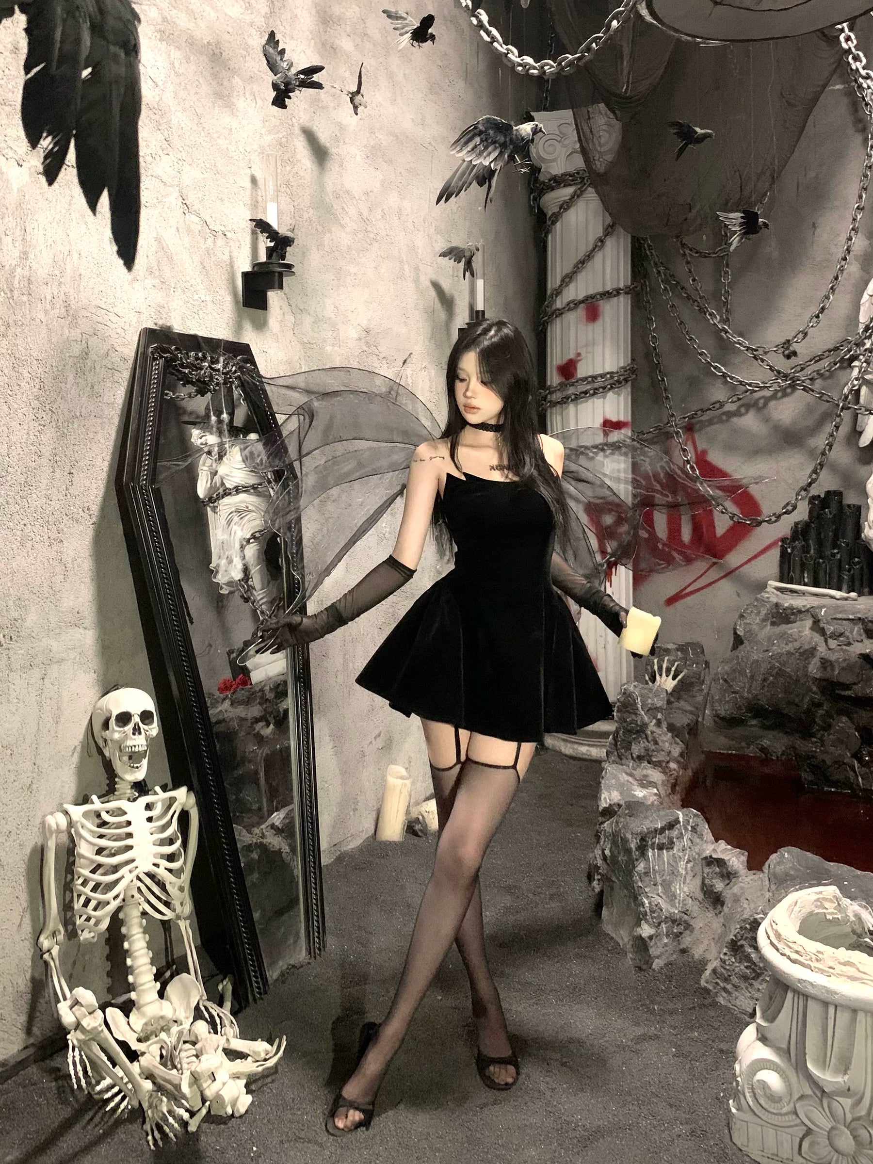 Devil’s Kiss Strapless Velvet Puff Dress