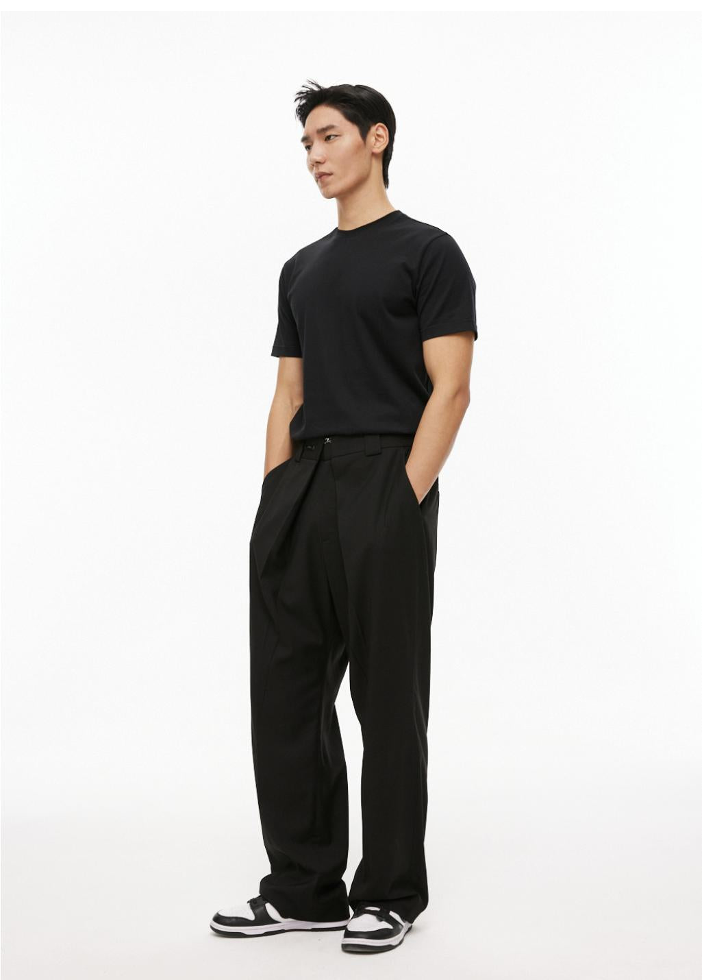 Black Fold Placket Loose Trousers - CHINASQUAD