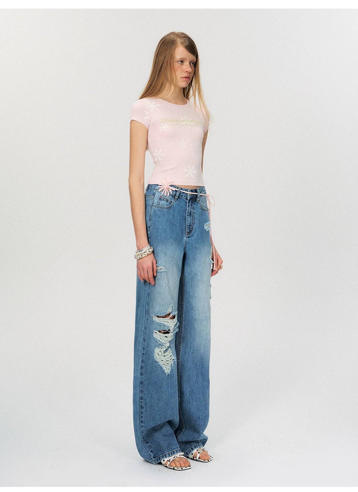 Vintage Contrast Floral Slim-Fit Cropped T-Shirt