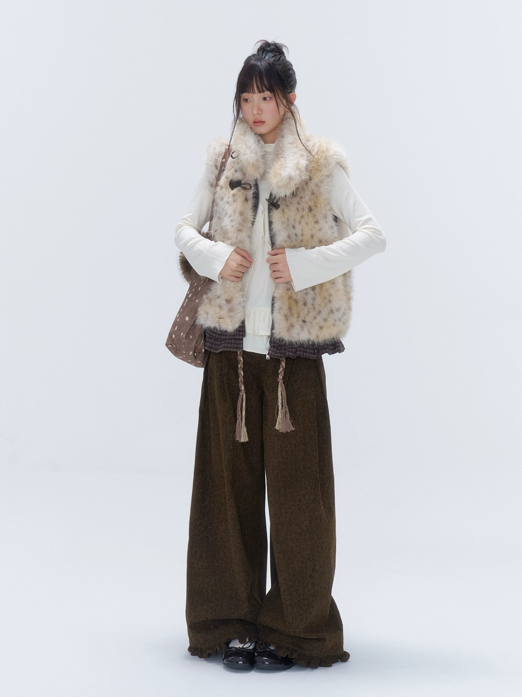 Faux Fur Leopard-Panel Lace-Trim Vest