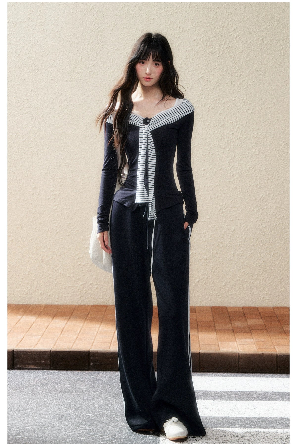 Navy Sailor-Collar Contrast Stripe Knit T-shirt - CHINASQUAD