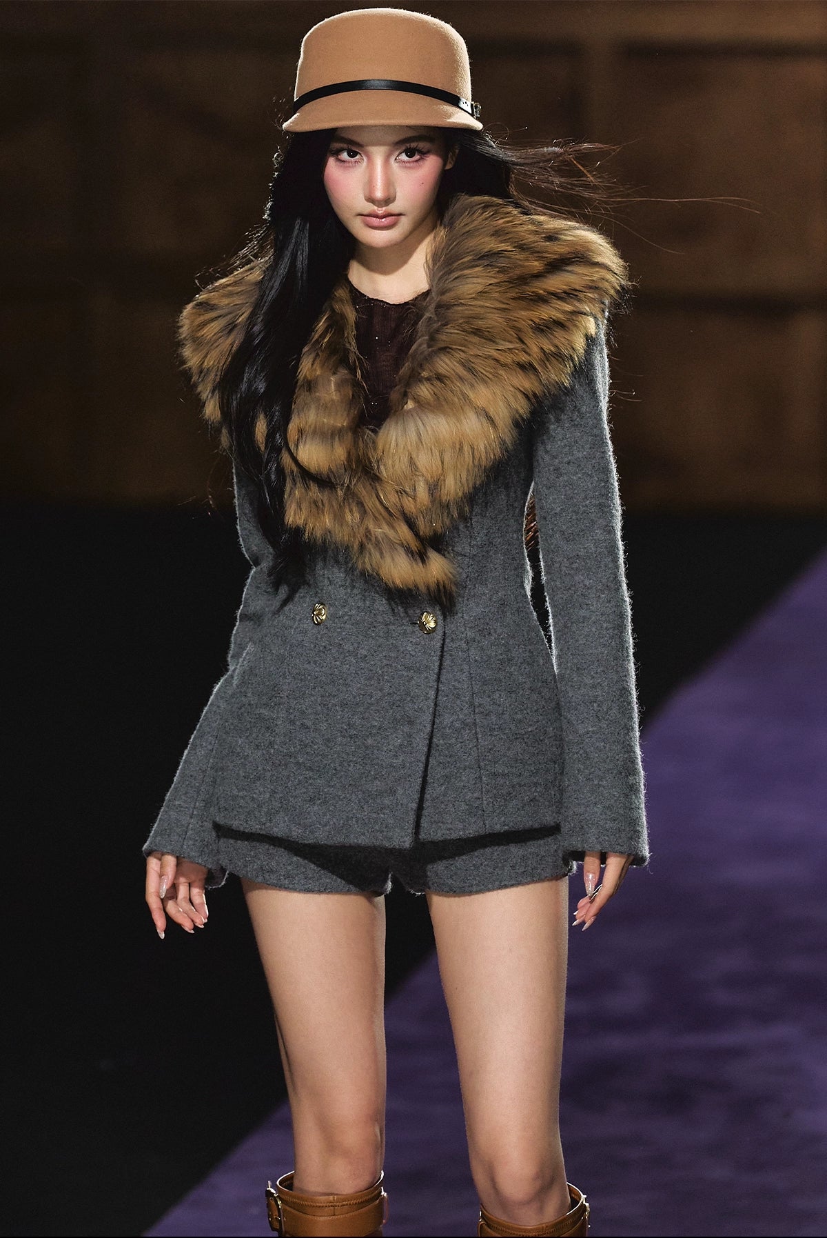 Detachable Fur Collar Wool Tailored Blazer & Shorts Set