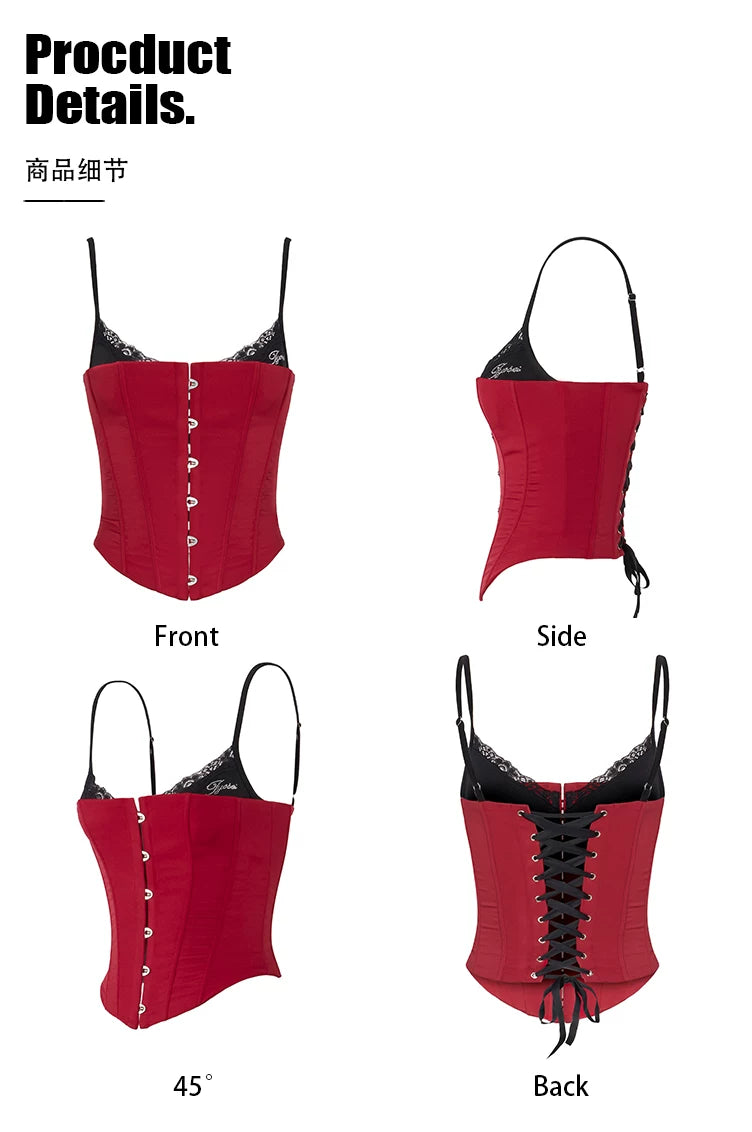 Crimson Lace Panel Hook Corset Camisole Top