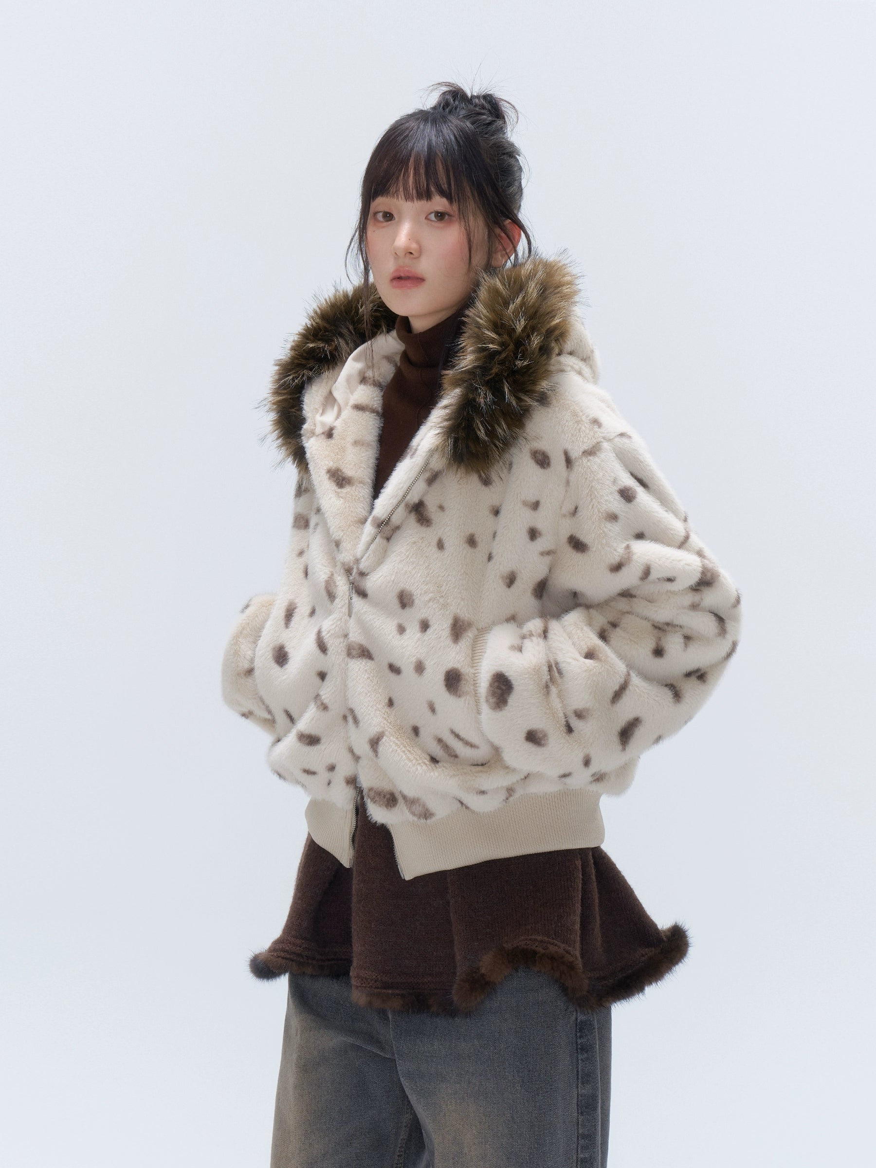 Faux Fur Hooded Zip-Up Cropped Jacket