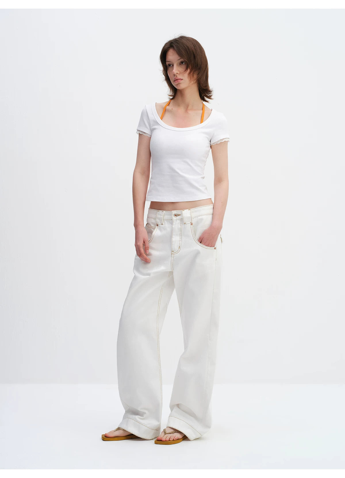 White Relaxed Fit 3D Cut Wide-Leg Denim Jeans
