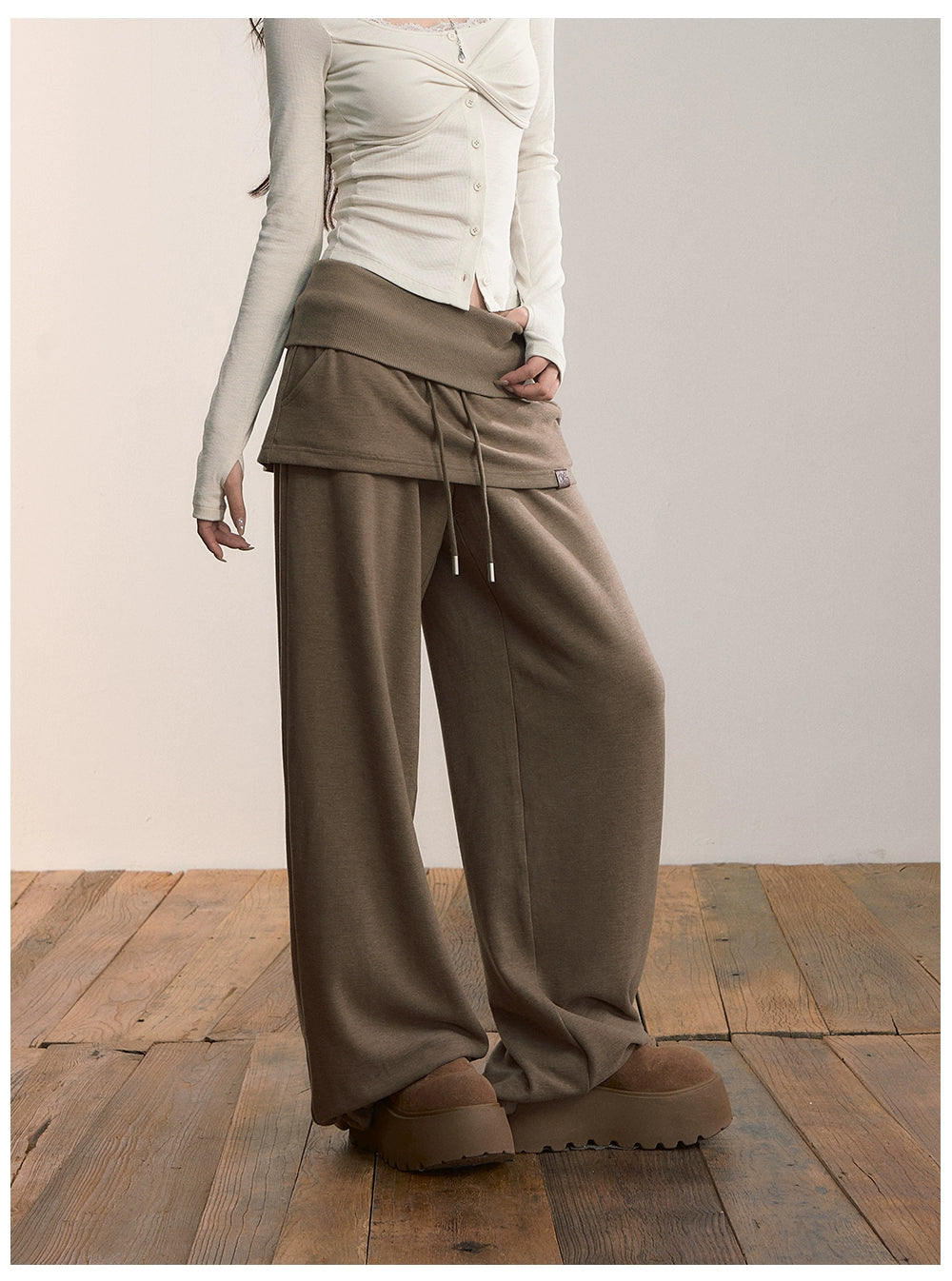 Folded Waist Skirt-Hem Wide-Leg Sweatpants - CHINASQUAD