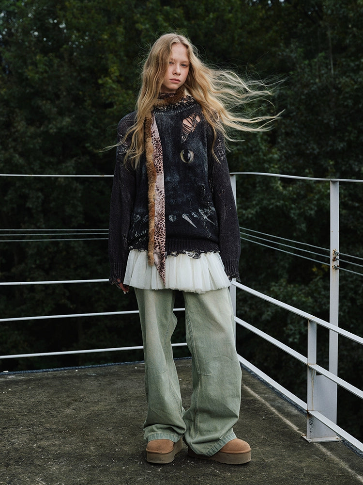 Cat Print Distressed Knit Sweater - CHINASQUAD