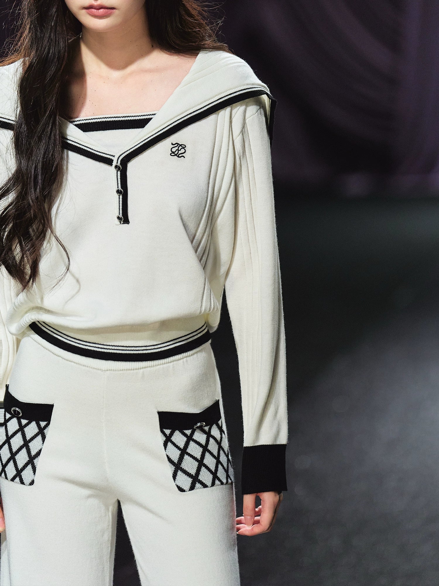 Sailor V-neck pullover & Quilted Straight Pants Set - CHINASQUAD