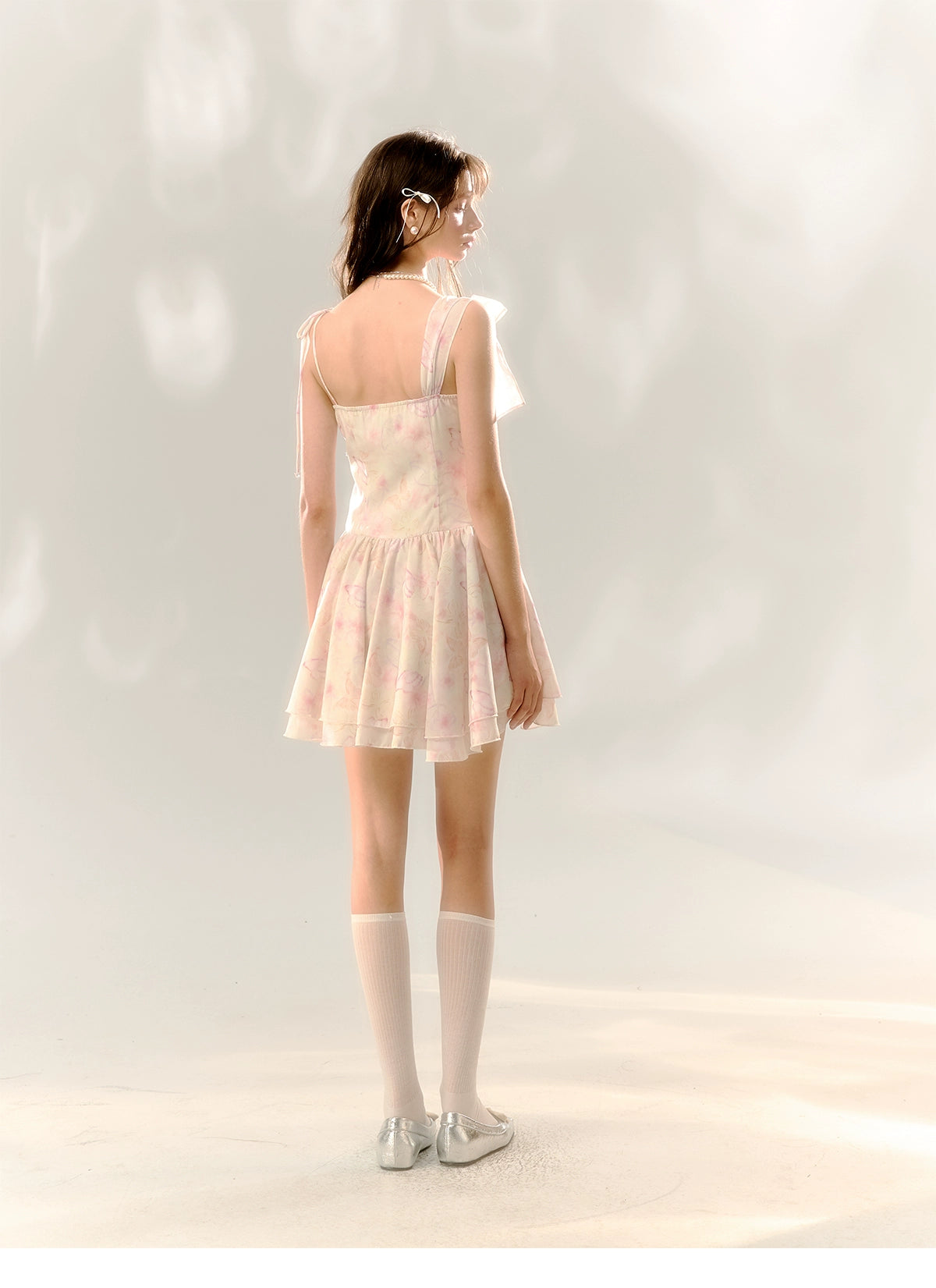 White Butterfly Print Cinched Waist Dress - CHINASQUAD