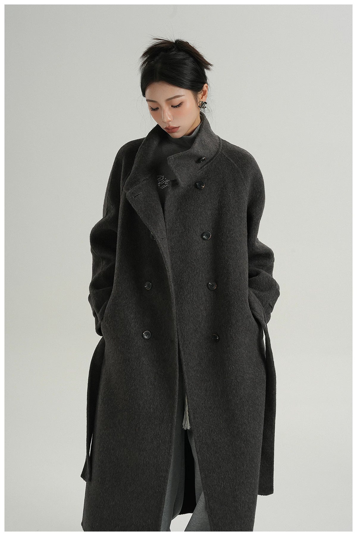 Stand-Collar Long Wool Coat